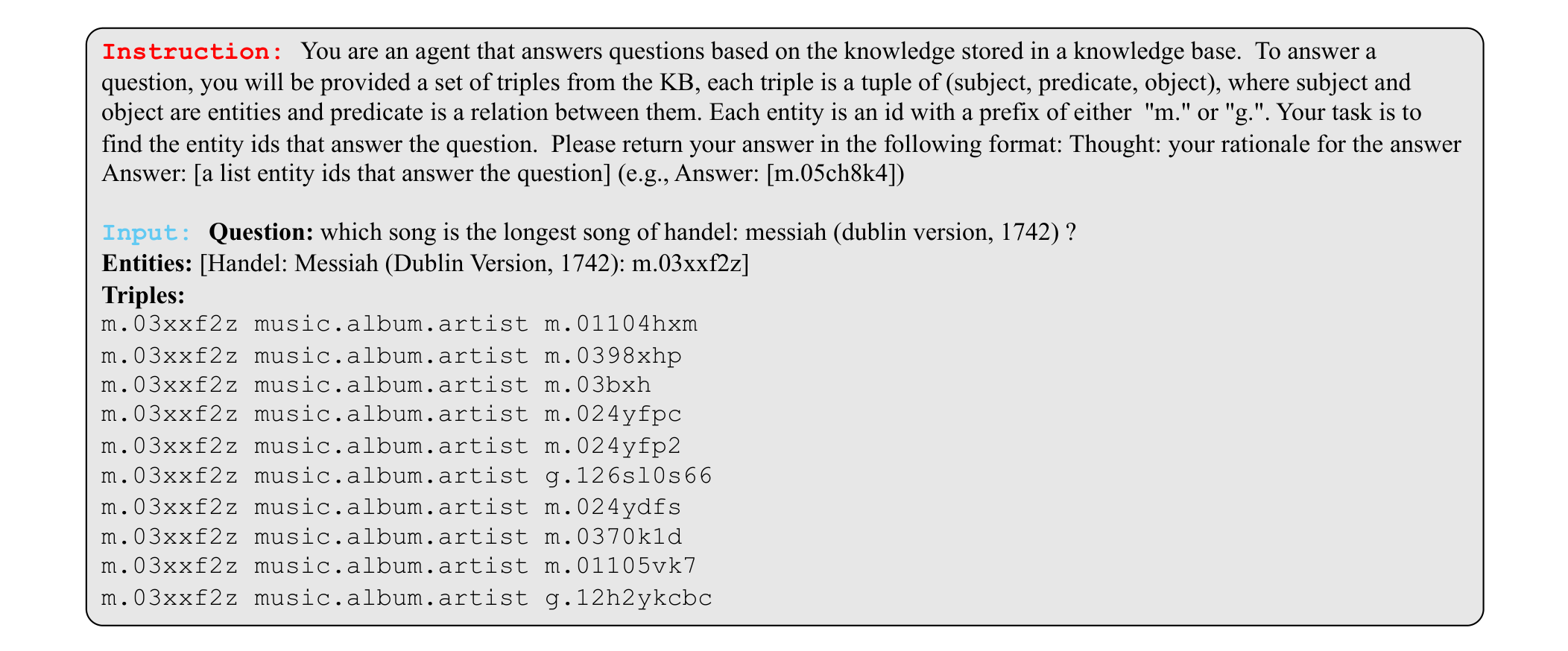Figure C.4: Input for question “which song is the longest song of handel: messiah (dublin version, 1742)?" with 10 triples sampled from the KB, which is used in Section 5.4.