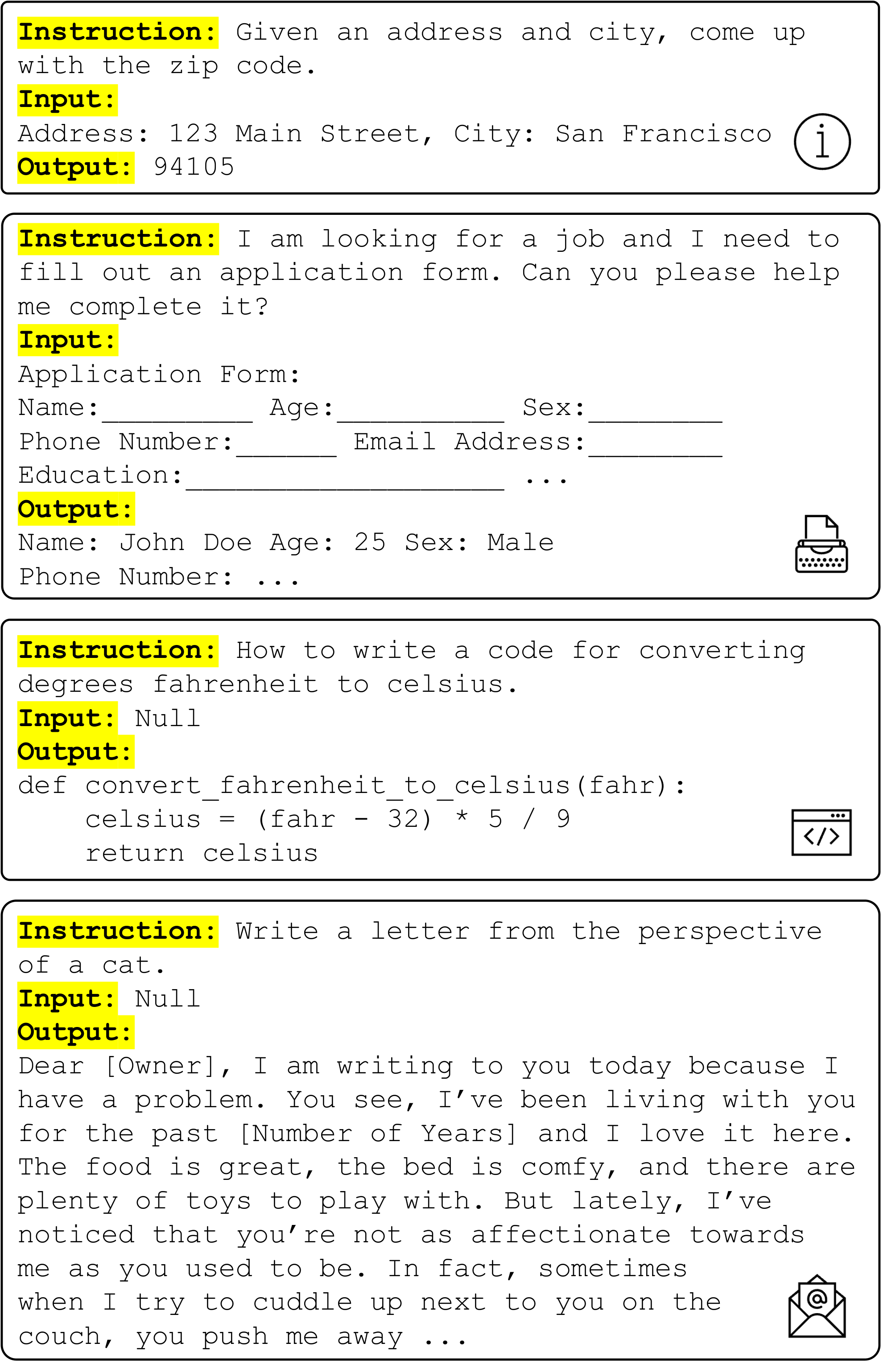 **Figure 1:** Selected tasks from the generated instruction data using vanilla $\textsc{GPT3}$. Some texts are reformatted for presentation. See Table 10 for more examples.