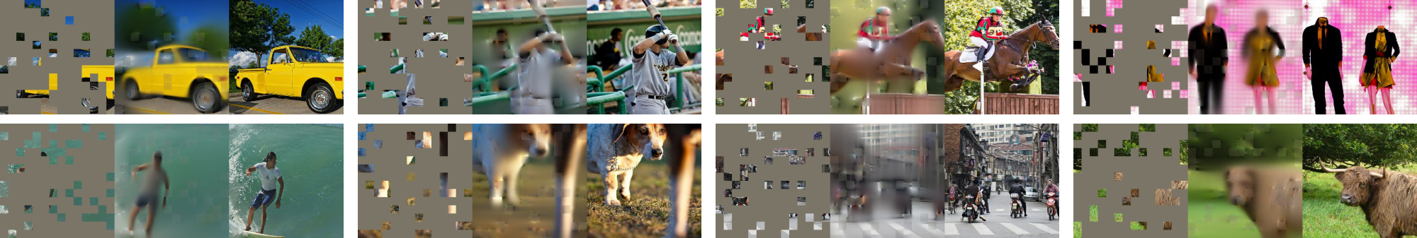 **Figure 3:** Example results on COCO validation images, using an MAE trained on ImageNet (the same model weights as in Figure 2). Observe the reconstructions on the two right-most examples, which, although different from the ground truth, are semantically plausible.