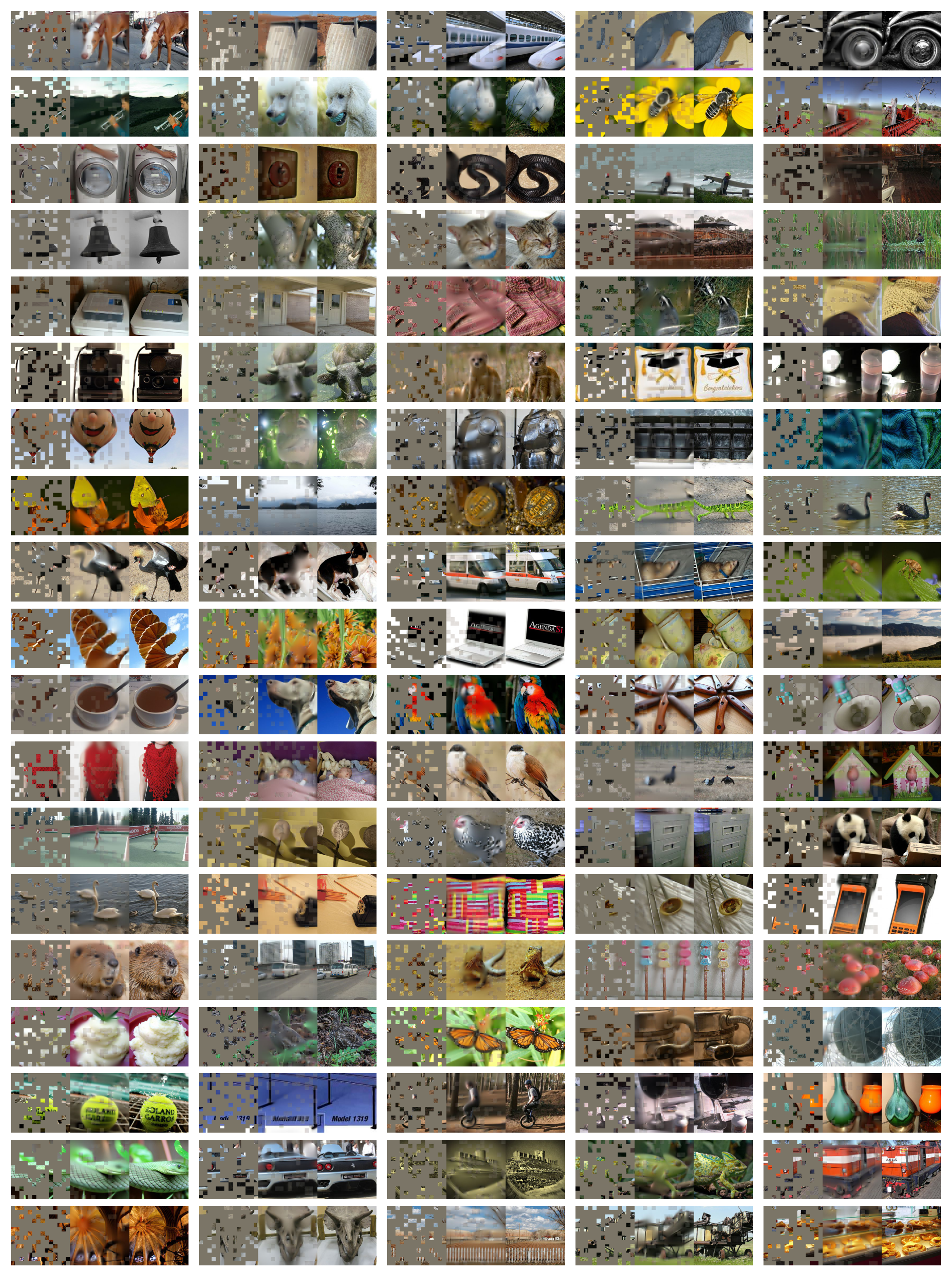 **Figure 10:** **Uncurated random samples** on ImageNet *validation* images. For each triplet, we show the masked image (left), our MAE reconstruction (middle), and the ground-truth (right). The masking ratio is 75%.