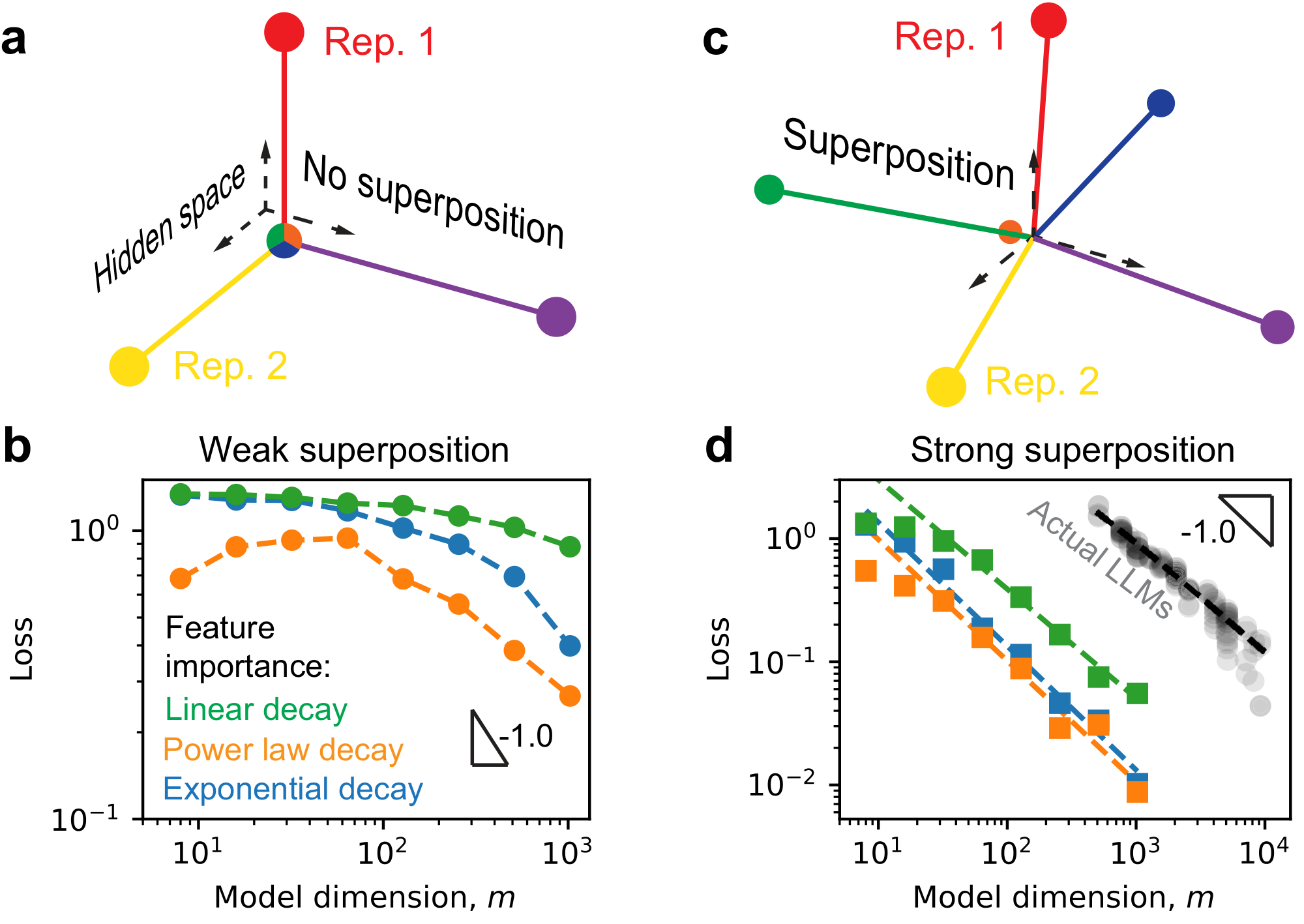 **Figure 1:** Superposition leads to robust and fast power-law loss decay with model size. (a) Illustration of no superposition where a three-dimensional space can at most represent three features without any interference (overlap). (b) Toy model results in the regime of weak superposition, where we set data dimension $n = 10240$ (number of features). The toy model will be introduced; more details are in Appendix D.1. (c) Illustration of superposition: there are more features than the dimension of the space. (d) The same toy models in the strong superposition regime show lower losses, which are on power laws with model dimension and have exponents close to 1 (color coding same as panel b). The gray points are from actual LLMs, which have a similar power-law exponent near 1.