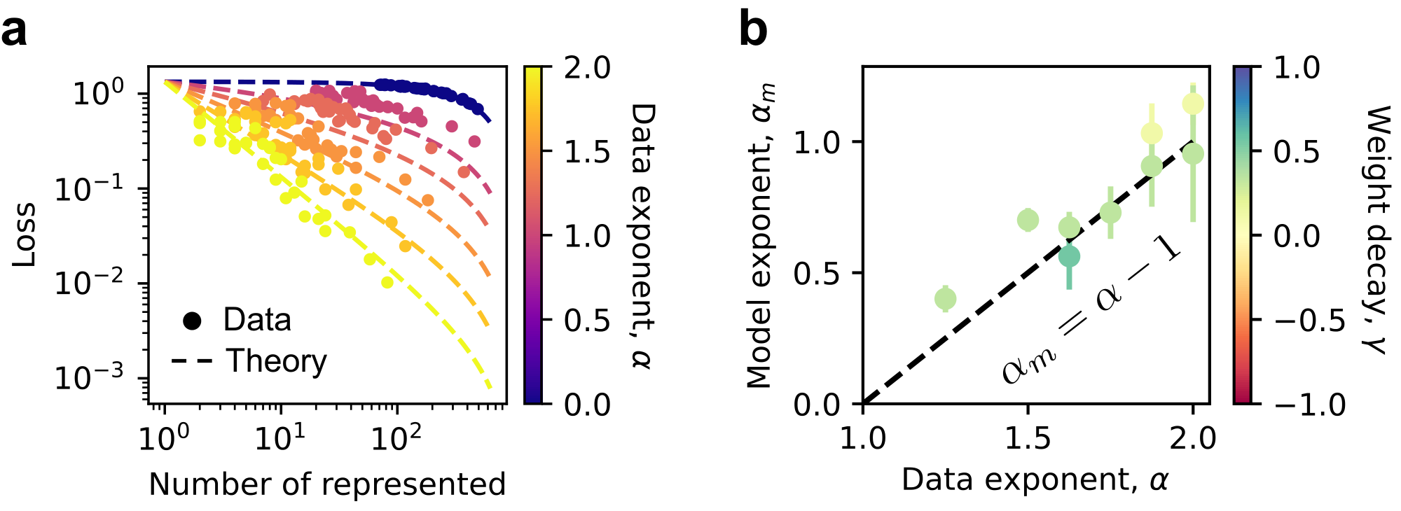 **Figure 4:** Loss at weak superposition can be well described by the frequency sum of ignored features. (a) Observation and theory at weak superposition (i.e., Equation (4) as a function of number of represented features, $\phi_{1/2}n$) agree when weight decay $\gamma$ is positive. (b) For those closest to the ideal no superposition case, we expect $\alpha_m = \alpha -1$, which is close to measured values. Error bars are standard errors. Details in Appendix D.5.