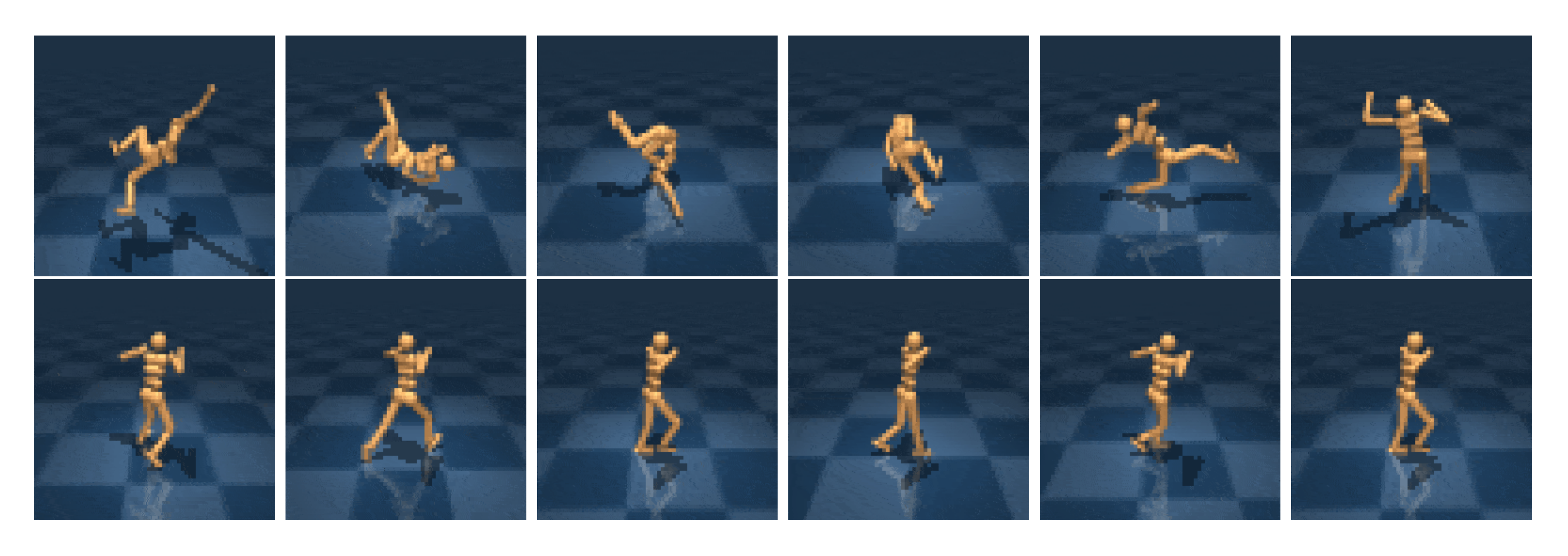 **Figure A.1:** Behavior learned by DreamerV2 on the Humanoid Walk task from pixel inputs only. The task is provided by the DeepMind Control Suite and uses a continuous action space with 21 dimensions. The frames show the agent inputs.