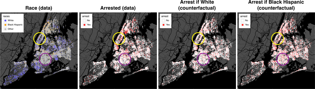 **Figure 4:** How race affects arrest. The above maps show how altering one's race affects whether or not they will be arrested, according to the model. The left-most plot shows the distribution of White and Black Hispanic populations in the stop-and-frisk dataset. The second plot shows the true arrests for all of the stops. Given our model we can compute whether or not every individual in the dataset would be arrest *had they been white*. We show this counterfactual in the third plot. Similarly, we can compute this counterfactual if everyone had been Black Hispanic, as shown in the fourth plot.