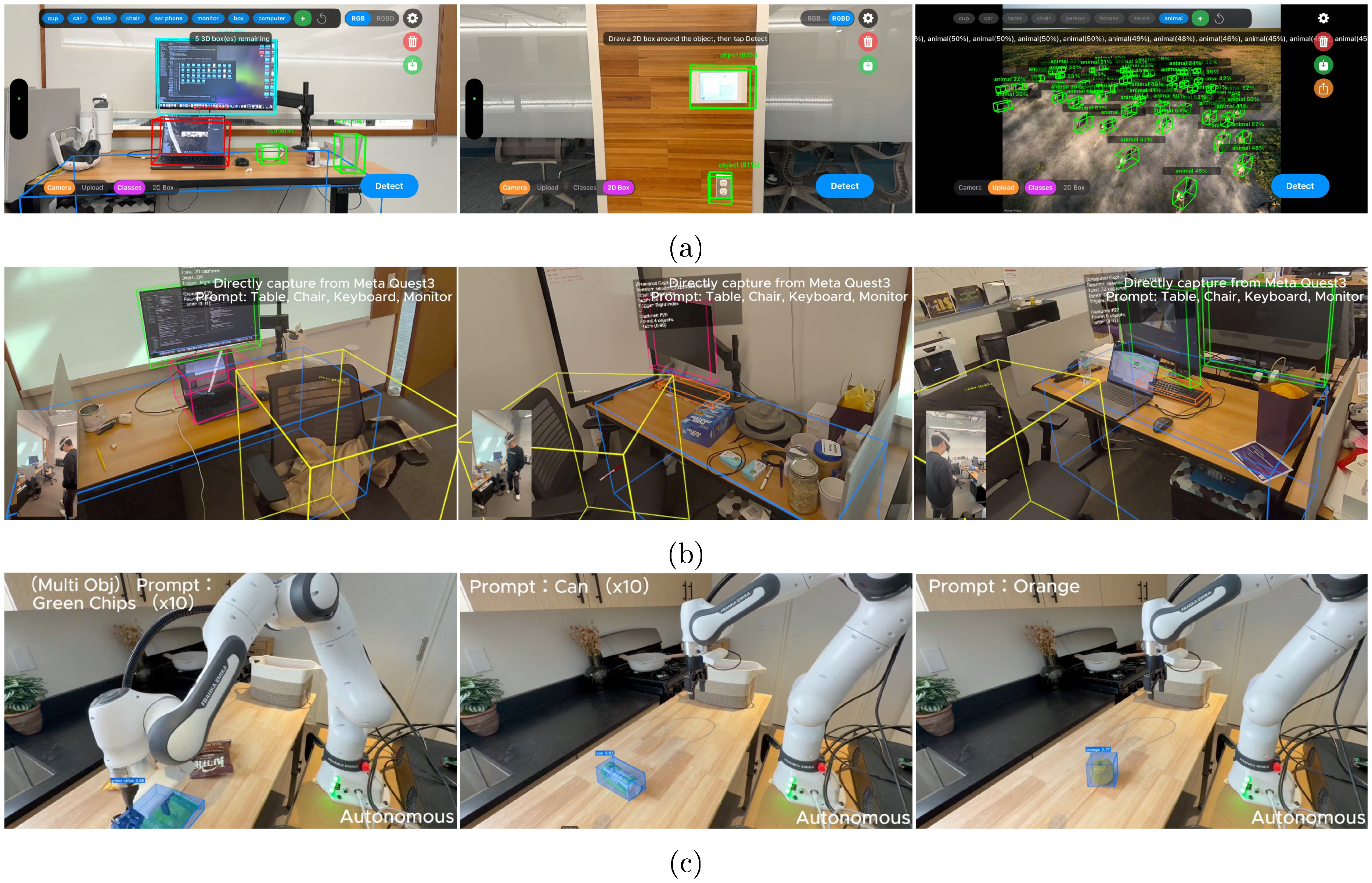 **Figure 9:** **Real-world deployment demos.** Each row shows three frames from a different deployment platform, demonstrating WildDet3D across diverse interaction modes and environments.