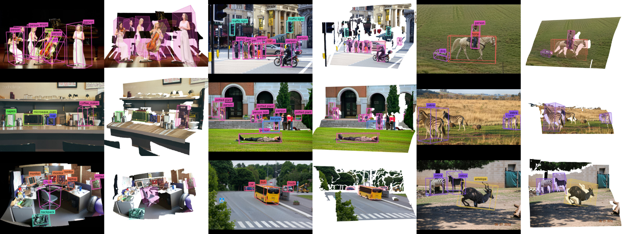 **Figure 5:** **Qualitative examples from WildDet3D-Data.** Each pair shows 3D bounding box annotations overlaid on the input image with category labels (left) and the corresponding 3D bounding boxes rendered in the reconstructed point cloud (right). The dataset covers diverse settings including indoor scenes (desks, kitchens), outdoor environments (floating markets, streets), and animals in the wild, spanning a wide range of object categories, scales, and spatial layouts.