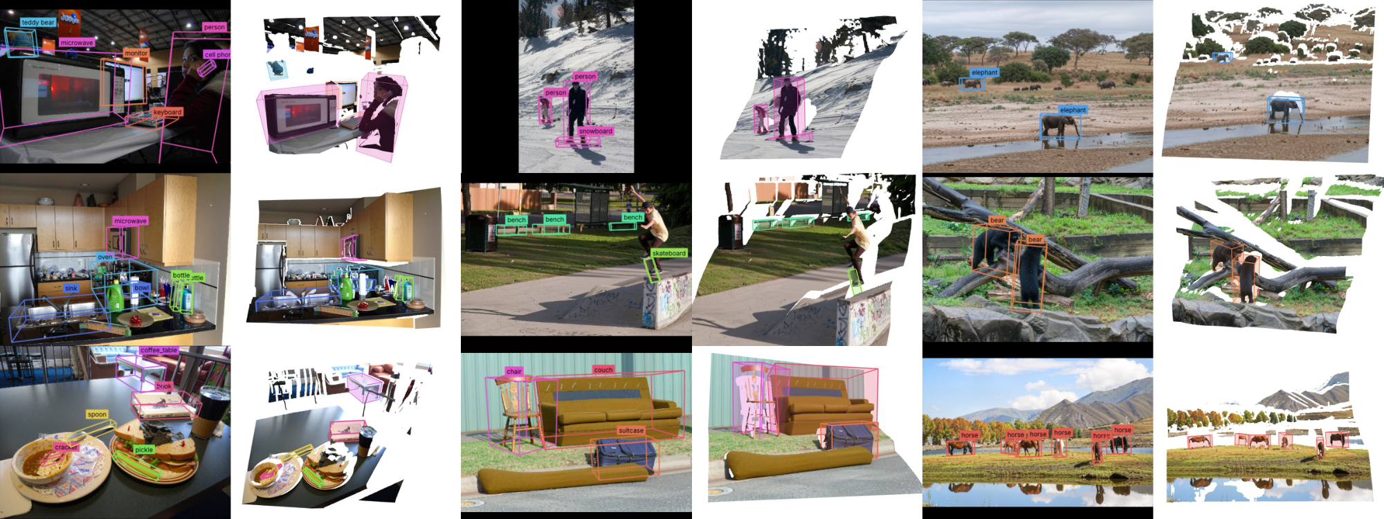 **Figure 15:** **Qualitative examples from WildDet3D-Data.** Each pair shows 3D bounding box annotations overlaid on the input image with category labels (left) and the corresponding 3D bounding boxes rendered in the reconstructed point cloud (right).