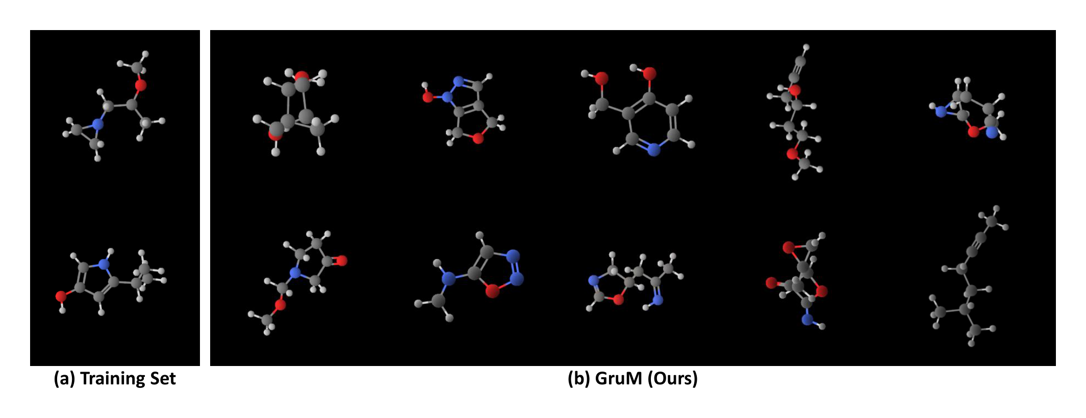 Figure 14: Visualization of the molecules from the QM9 dataset and the generated molecules of GruM for the 3D molecule generation experiment.