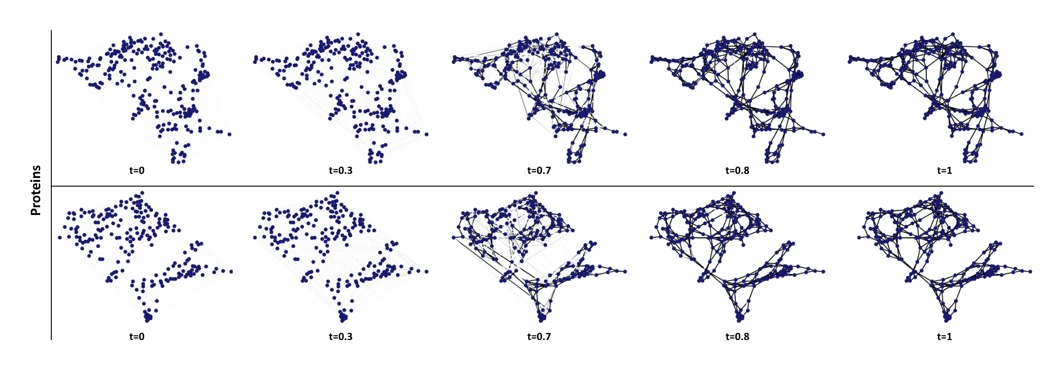 Figure 18: Visualization of the generative process of GruM. We visualize the graph mixture from GruM on the Proteins dataset.