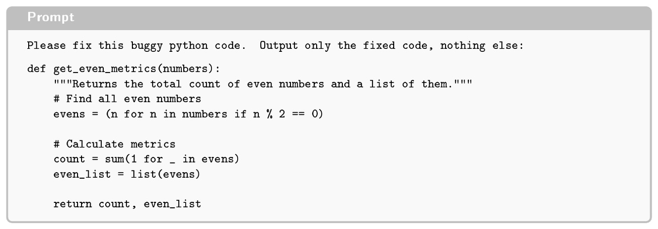 **Figure 28:** Prompt used for the buggy Python code editing example.