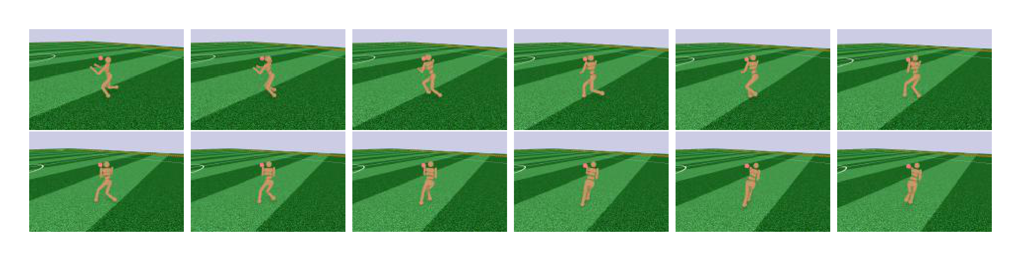 Figure 5: Still frames of the policy learned from RoboschoolHumanoidFlagrun. In the first six frames, the robot runs towards a target. Then the position is randomly changed, and the robot turns and runs toward the new target.