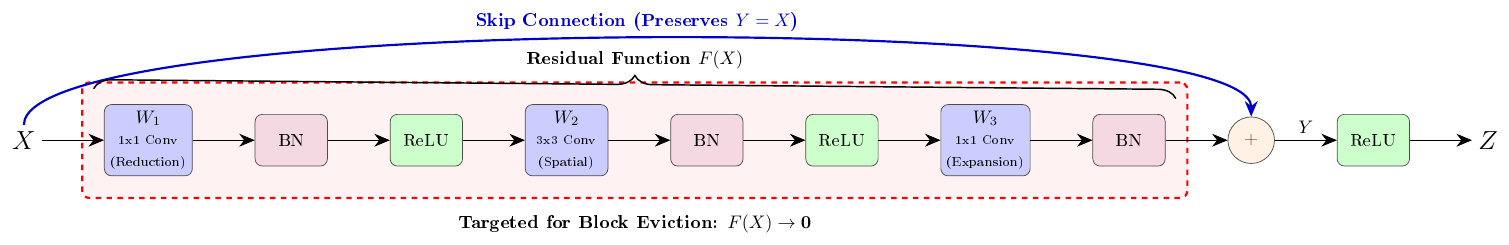 **Figure 3:** Illustration of the canonical ResNet V1 residual block and its eviction process. Eviction forces the internal pathway $F(X) \to \boldsymbol{0}$, collapsing the block into a pure identity pre-activation $Y = X$.