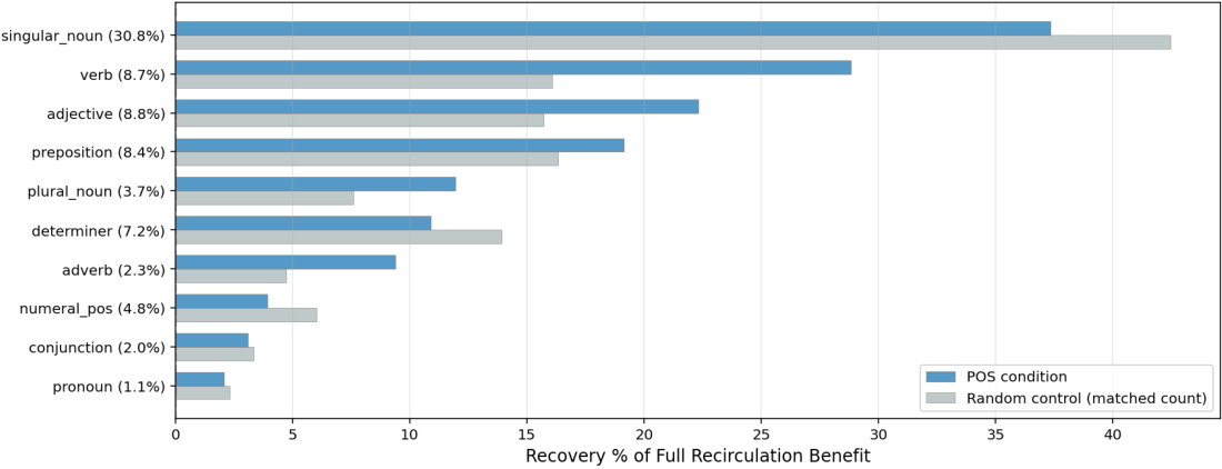 **Figure 20:** Effect of recirculating all tokens by a specific part-of-speech (blue bars) or count matched random tokens (grey bars).