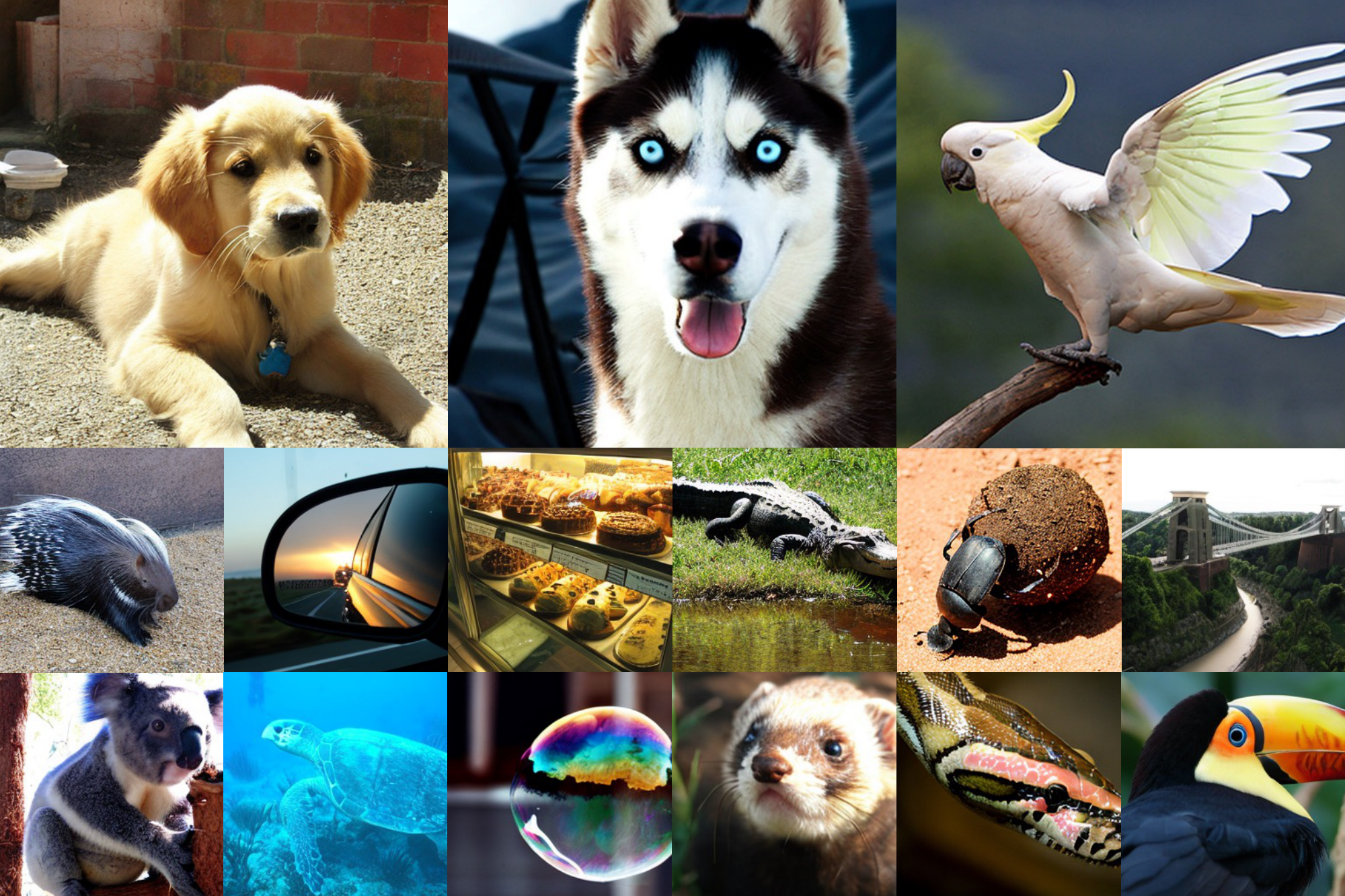 **Figure 1:** **Diffusion models with transformer backbones achieve state-of-the-art image quality.** We show selected samples from two of our class-conditional DiT-XL/2 models trained on ImageNet at 512$\times$512 and 256$\times$256 resolution, respectively.