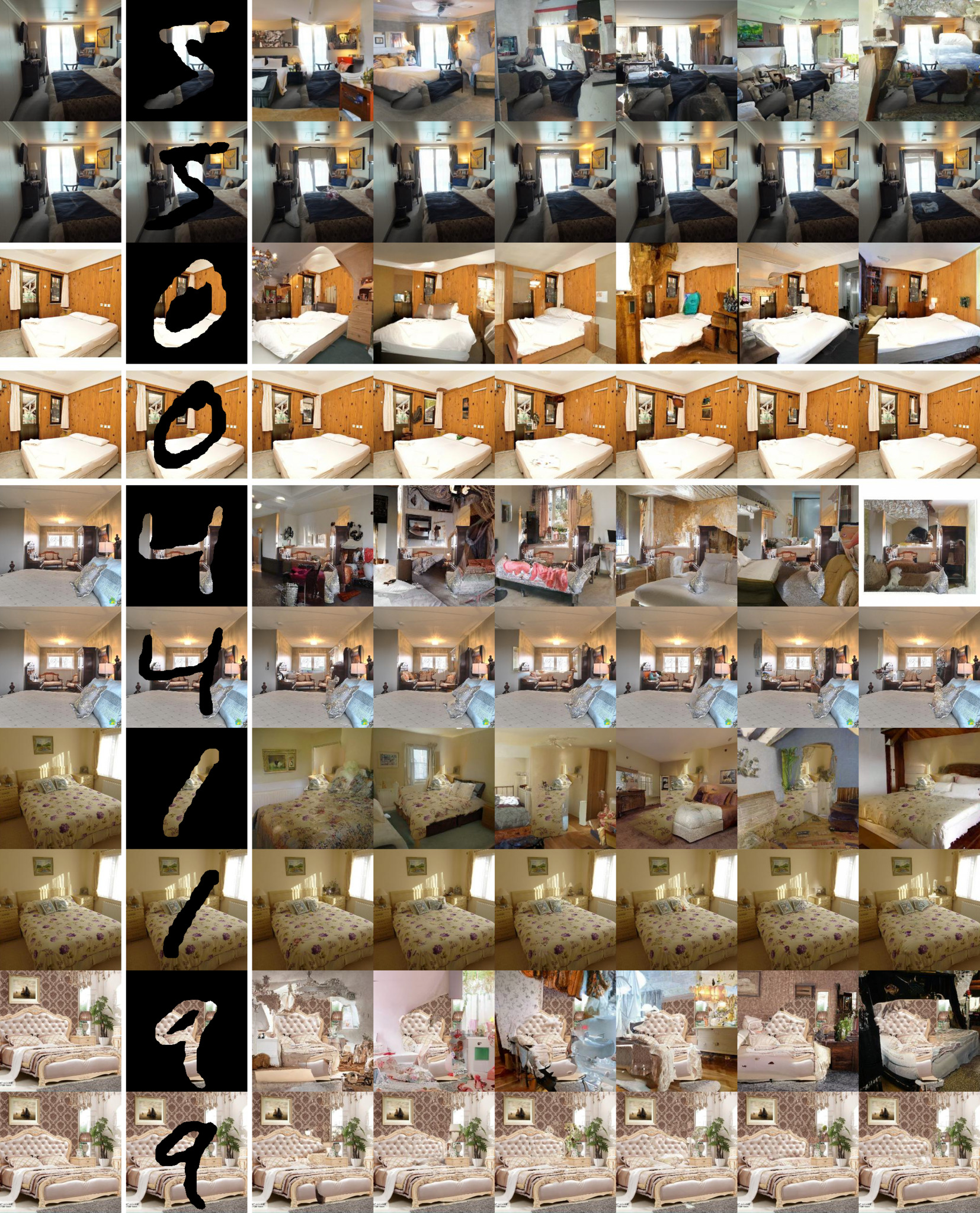 **Figure 26:** Extended inpainting results for $256\times 256$ bedroom images.