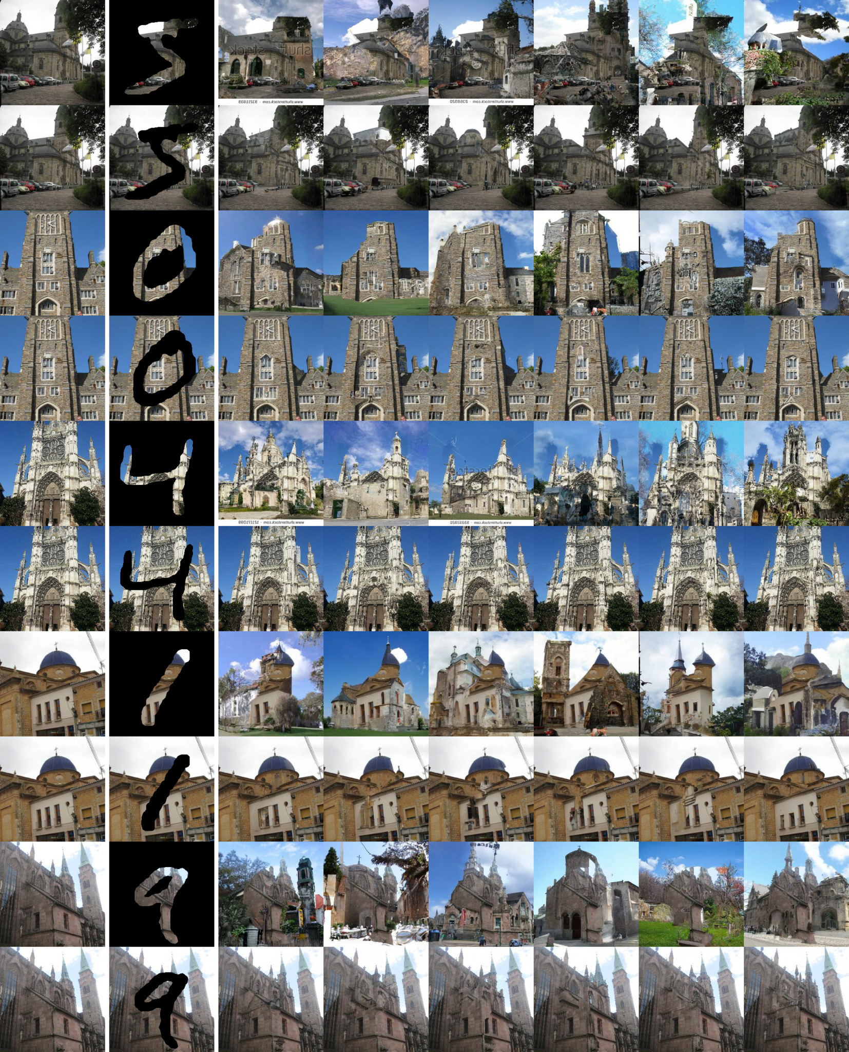 **Figure 27:** Extended inpainting results for $256\times 256$ church images.