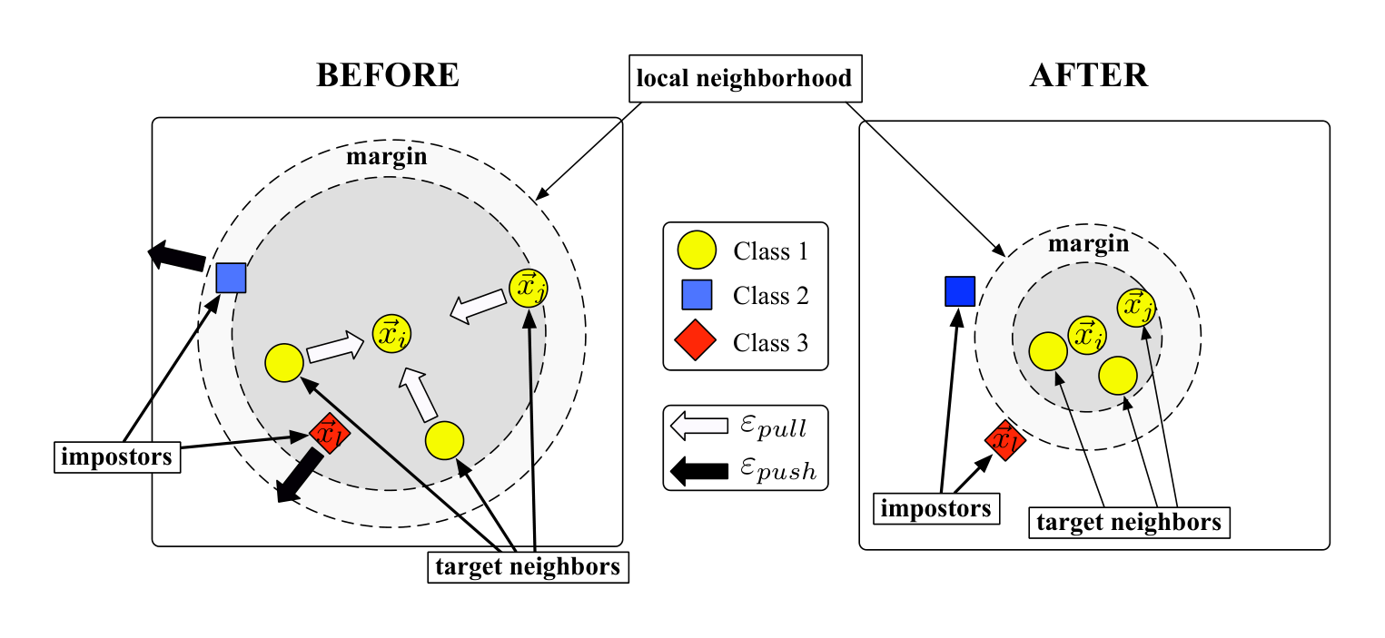 Figure 1: Schematic illustration of one input's neighborhood before training (*left*) versus after training (*right*). The distance metric is optimized so that: (i) its $k=3$ target neighbors lie within a smaller radius after training; (ii) differently labeled inputs lie outside this smaller radius by some finite margin. Arrows indicate the gradients on distances arising from different terms in the cost function.