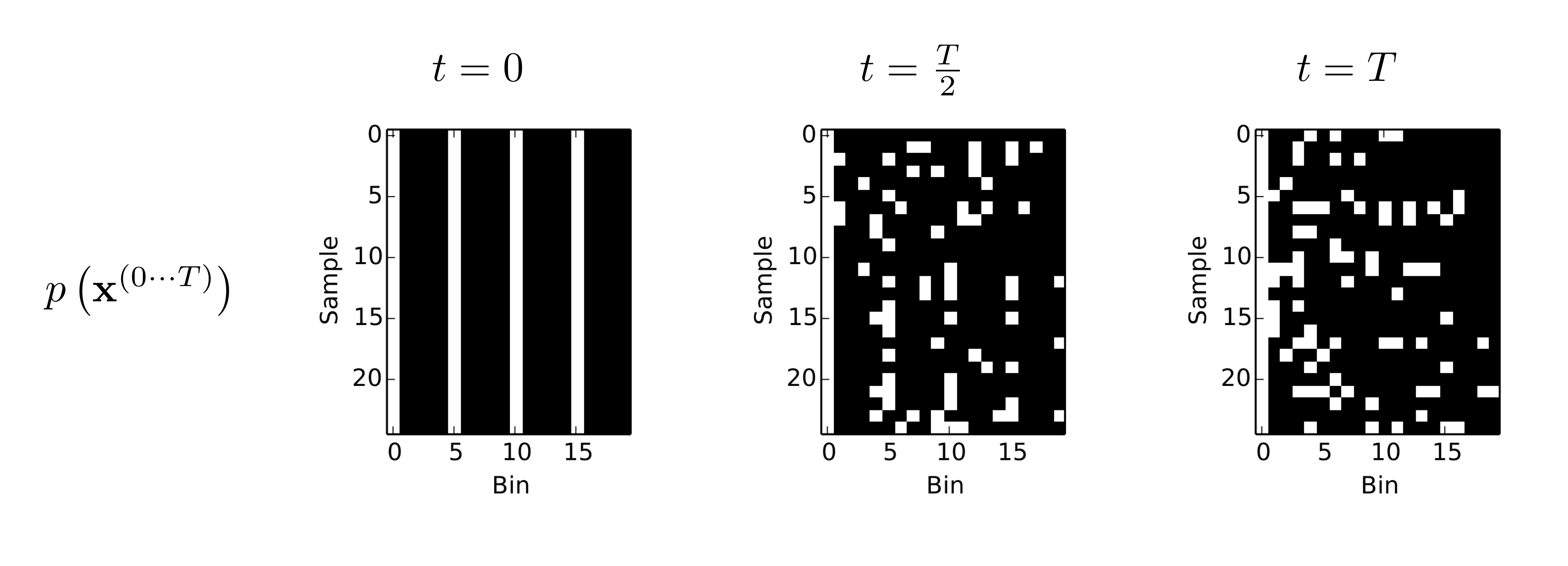 **Figure 2:** Binary sequence learning via binomial diffusion. A binomial diffusion model was trained on binary 'heartbeat' data, where a pulse occurs every 5th bin. Generated samples (left) are identical to the training data. The sampling procedure consists of initialization at independent binomial noise (right), which is then transformed into the data distribution by a binomial diffusion process, with trained bit flip probabilities. Each row contains an independent sample. For ease of visualization, all samples have been shifted so that a pulse occurs in the first column. In the raw sequence data, the first pulse is uniformly distributed over the first five bins.