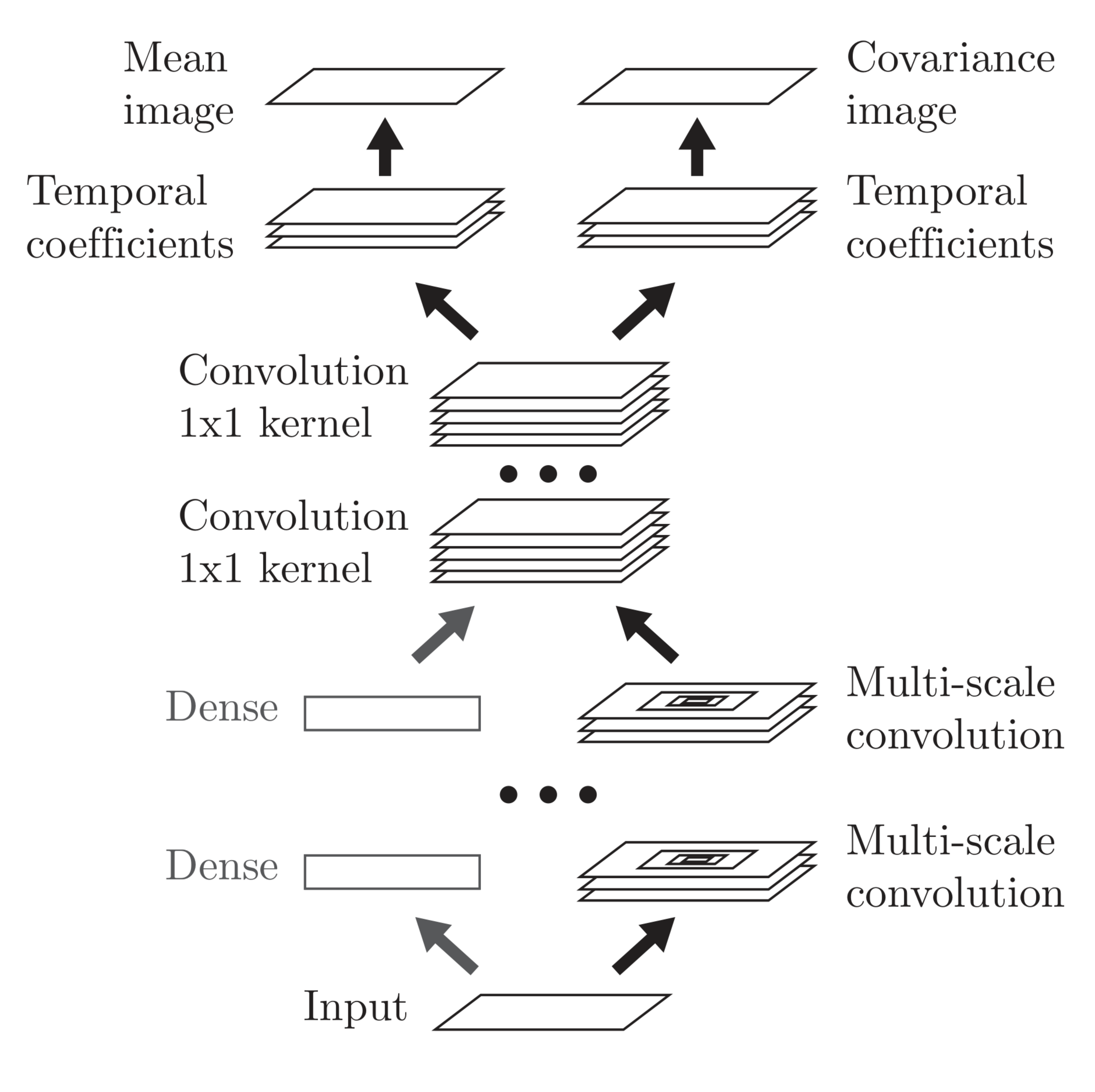 **Figure 7:** Network architecture for mean function $\mathbf f_\mu\left(\mathbf x^{(t)}, t \right)$ and covariance function $\mathbf f_\Sigma\left(\mathbf x^{(t)}, t \right)$, for experiments in 3.2. The input image $\mathbf x^{(t)}$ passes through several layers of multi-scale convolution ([@sec:sec_multiscale]). It then passes through several convolutional layers with $1\times 1$ kernels. This is equivalent to a dense transformation performed on each pixel. A linear transformation generates coefficients for readout of both mean $\mu^{(t)}$ and covariance $\Sigma^{(t)}$ for each pixel. Finally, a time dependent readout function converts those coefficients into mean and covariance images, as described in D.2.1. For CIFAR-10 a dense (or fully connected) pathway was used in parallel to the multi-scale convolutional pathway. For MNIST, the dense pathway was used to the exclusion of the multi-scale convolutional pathway.