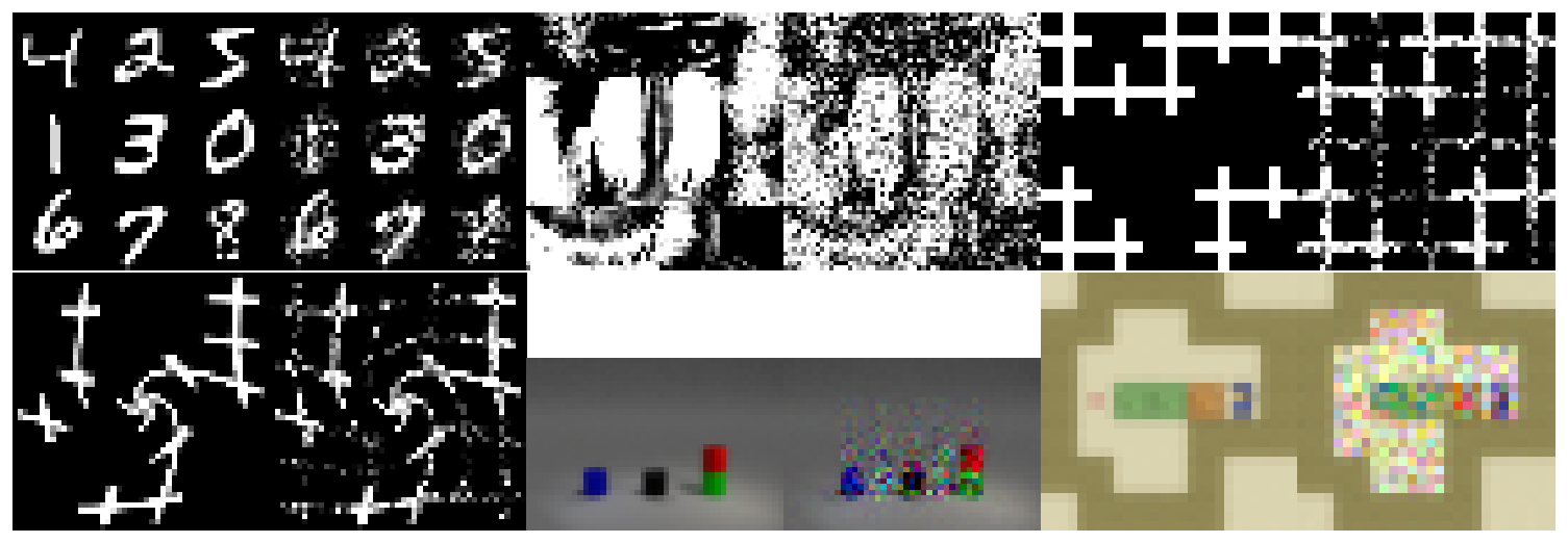 **Figure 23:** Examples of initial state images before and after being corrupted by Gaussian noise. The amount of noise is noticeable but is not as strong as making it difficult to understand the scene. Note that unlike Figure 14, we used low-resolution images for Blocksworld and Sokoban that were used for training and testing.