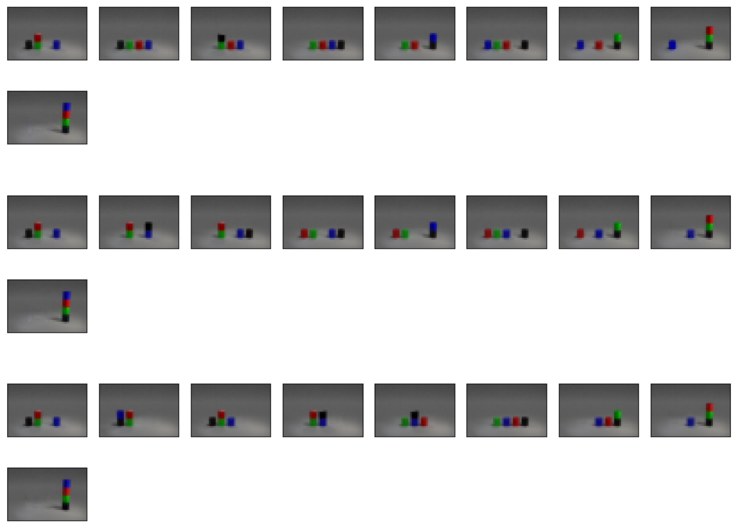 **Figure 29:** Examples of valid suboptimal plans in Blocksworld obtained from AMA$_{4}^+$ with default priors ($\epsilon=0.5$). The first and the second plans were generated by the same network, but with LMcut and M&S heuristics. The third plan was generated by M&S with another training result with different hyperparameters. They all resulted in different plans because different heuristics and state encoding result in a different node expansion order. See also: Section 11.4 discusses why $A^*$ + admissible heuristics can generate suboptimal visual plans.
