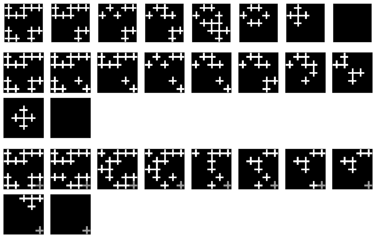**Figure 30:** Examples from LightsOut. The first plan is optimal (7 steps). The second plan is suboptimal (9 steps) because it hits the bottom-right button twice (step 1 and 5), which is unnecessary (it reverses the effect). The third plan is invalid because of the bottom-right tile being above the threshold and the init/goal states do not match. (The first instance was generated by AMA$_{3}^+$, $\epsilon=0.1$ prior, blind. The second instance was generated by the same network combined with LAMA. The third instance was produced by AMA$_{3}^+$, $\epsilon=0.1$ prior, blind with a different hyperparameter.)