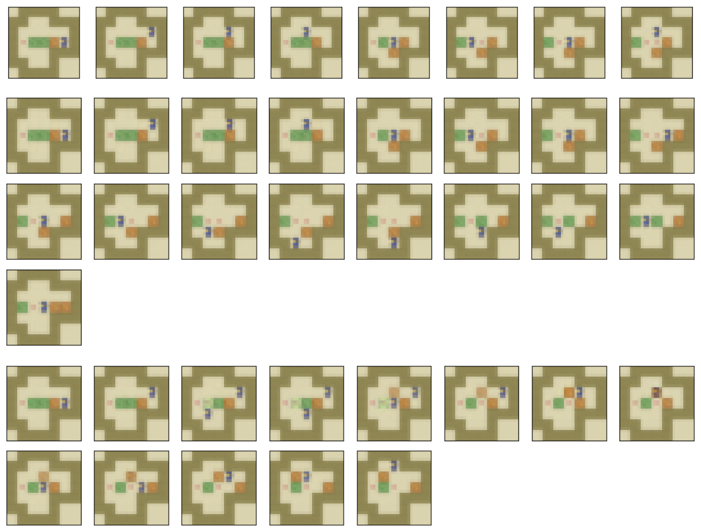 **Figure 32:** Examples from Sokoban. The first plan is optimal (7 steps for a 7-steps instance). The second plan is suboptimal (16 steps for a 14-steps instance). The third plan is invalid because it duplicates the player. (The first instance was generated by AMA$_{3}^+$, $\epsilon=0.1$ prior, blind. The second instance was generated by AMA$_{4}^+$, $\epsilon=0.1$ prior, blind. The third instance was produced by AMA$_{4}^+$, default prior, M&S.)