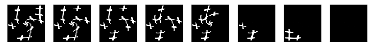 **Figure 31:** An optimal plan generated for Twisted LightsOut (7 steps). (Generated by AMA$_{3}^+$, $\epsilon=0.1$ prior, blind.)
