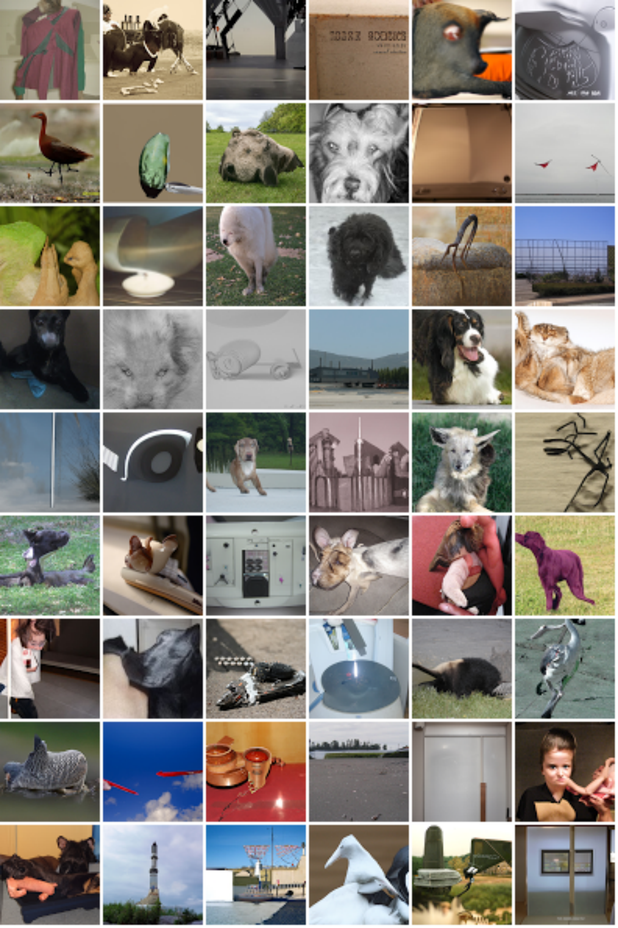 **Figure 11:** Random samples from an unconditional diffusion model trained on 64x64 ImageNet for 2 million parameter updates. The model was trained in continuous-time, and sampled using $T=1000$.