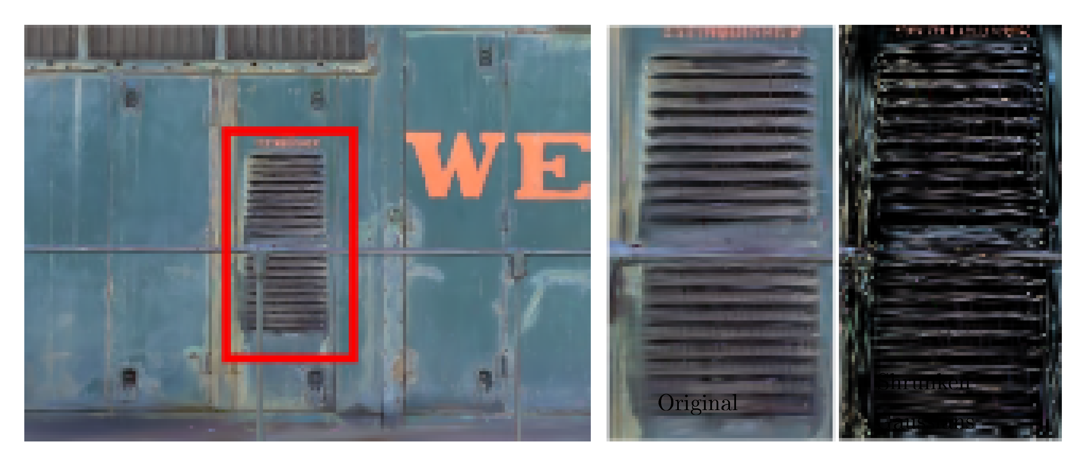 **Figure 3:** We visualize the 3D Gaussians after optimization by shrinking them 60% (far right). This clearly shows the anisotropic shapes of the 3D Gaussians that compactly represent complex geometry after optimization. Left the actual rendered image.