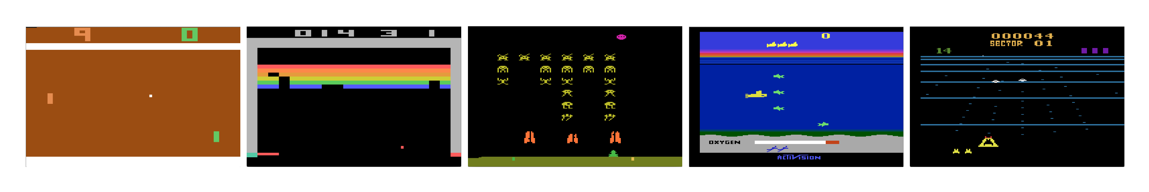 **Figure 1:** Screen shots from five Atari 2600 Games: (*Left-to-right*) Pong, Breakout, Space Invaders, Seaquest, Beam Rider