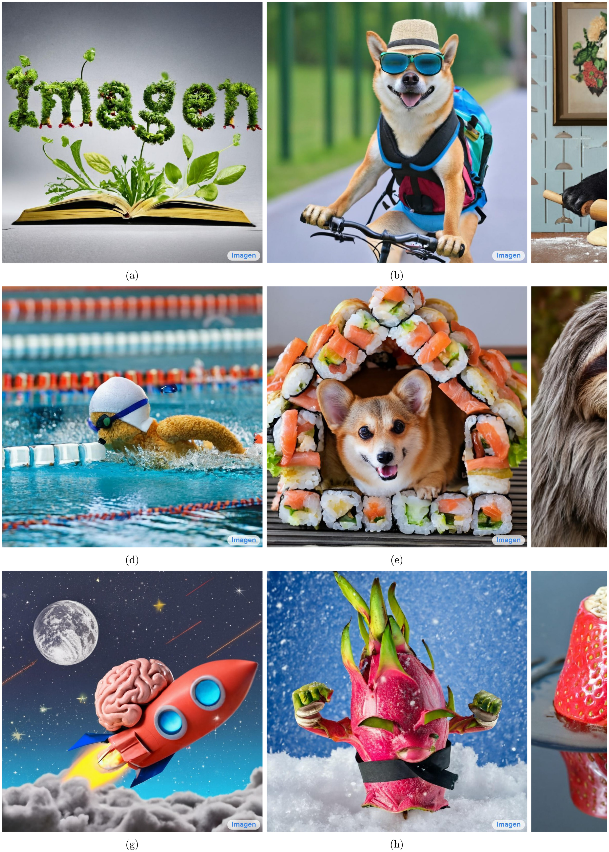 **Figure 1:** Select $1024\times1024$ Imagen samples for various text inputs. We only include photorealistic images in this figure and leave artistic content to the Appendix, since generating photorealistic images is more challenging from a technical point of view. Figure 5, Figure 6, and Figure 7 show more samples.