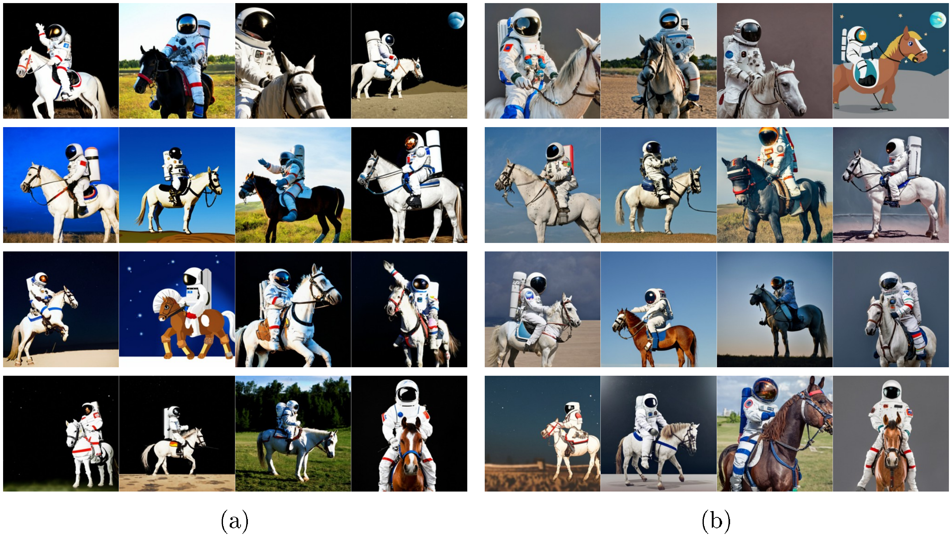 **Figure 14:** Static vs. dynamic thresholding on non-cherry picked $256\times256$ samples using a guidance weight of 5 for both the base model and the super-resolution model, using the same random seed. The text prompt used for these samples is "A photo of an astronaut riding a horse." When using high guidance weights, static thresholding often leads to oversaturated samples, while our dynamic thresholding yields more natural looking images.