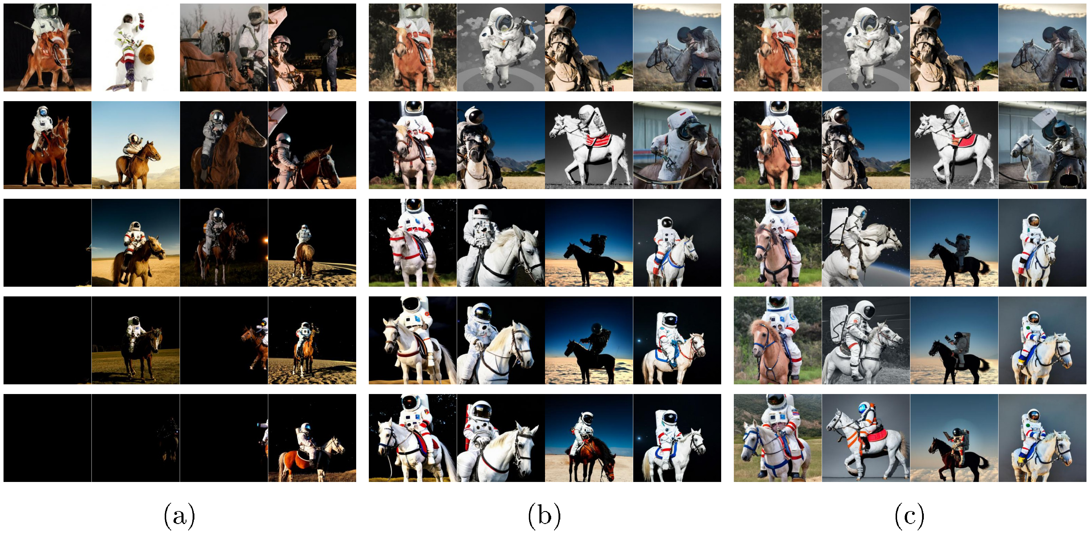 **Figure 13:** Thresholding techniques on $256\times256$ samples for "A photo of an astronaut riding a horse." Guidance weights increase from 1 to 5 as we go from top to bottom. No thresholding results in poor images with high guidance weights. Static thresholding is an improvement but still leads to oversaturated samples. Our dynamic thresholding leads to the highest quality images. See Figure 14 for more qualitative comparison.