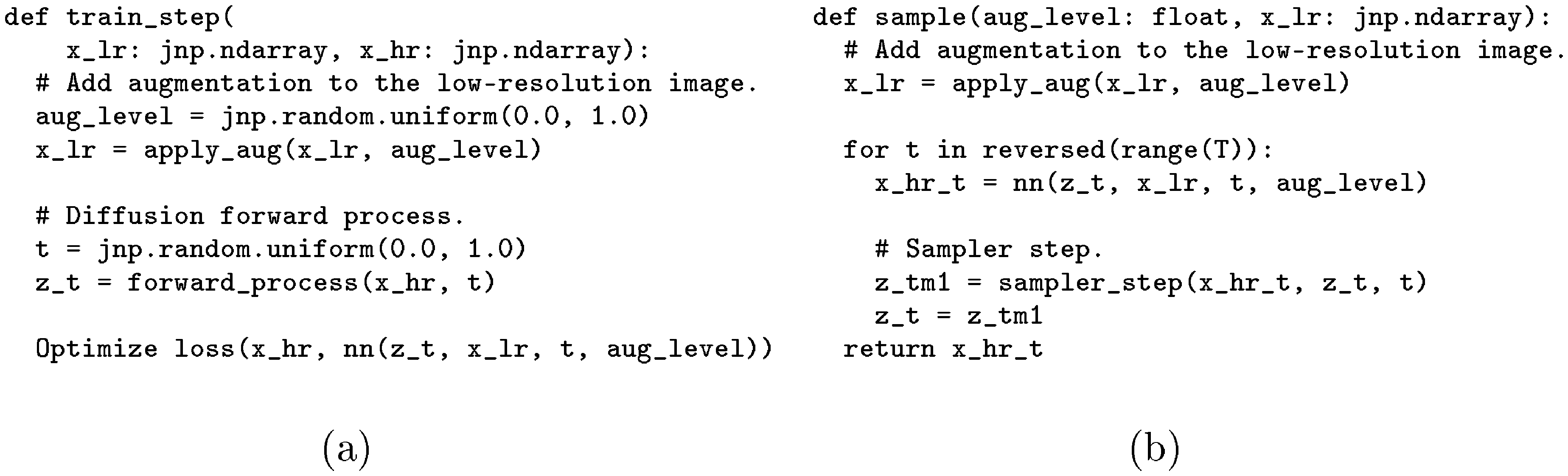 **Figure 36:** Pseudo-code implementation for training and sampling using conditioning augmentation. Text conditioning has not been shown for brevity.