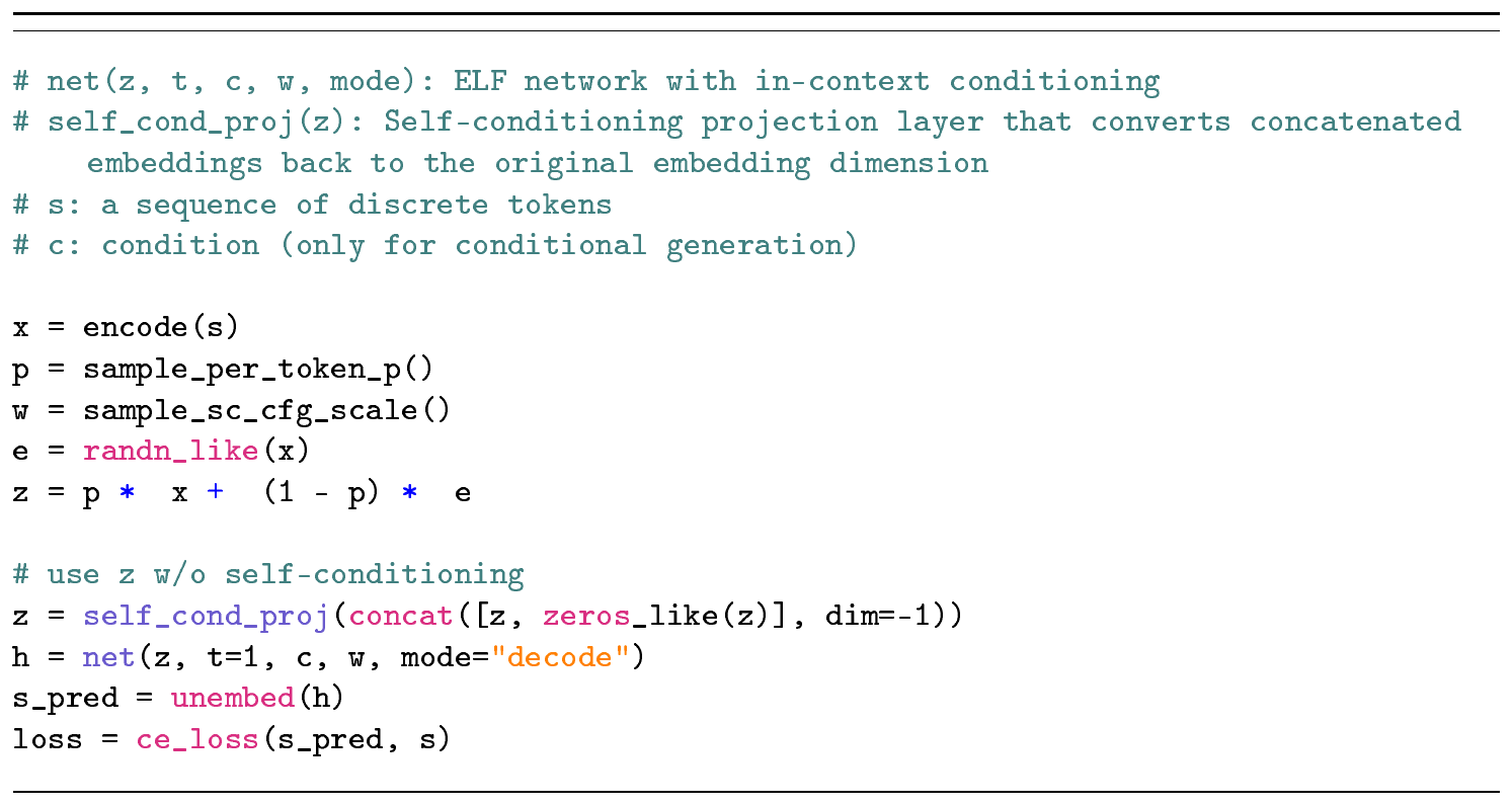 **Algorithm 2:** ELF decoder training with conditioning and guidance.