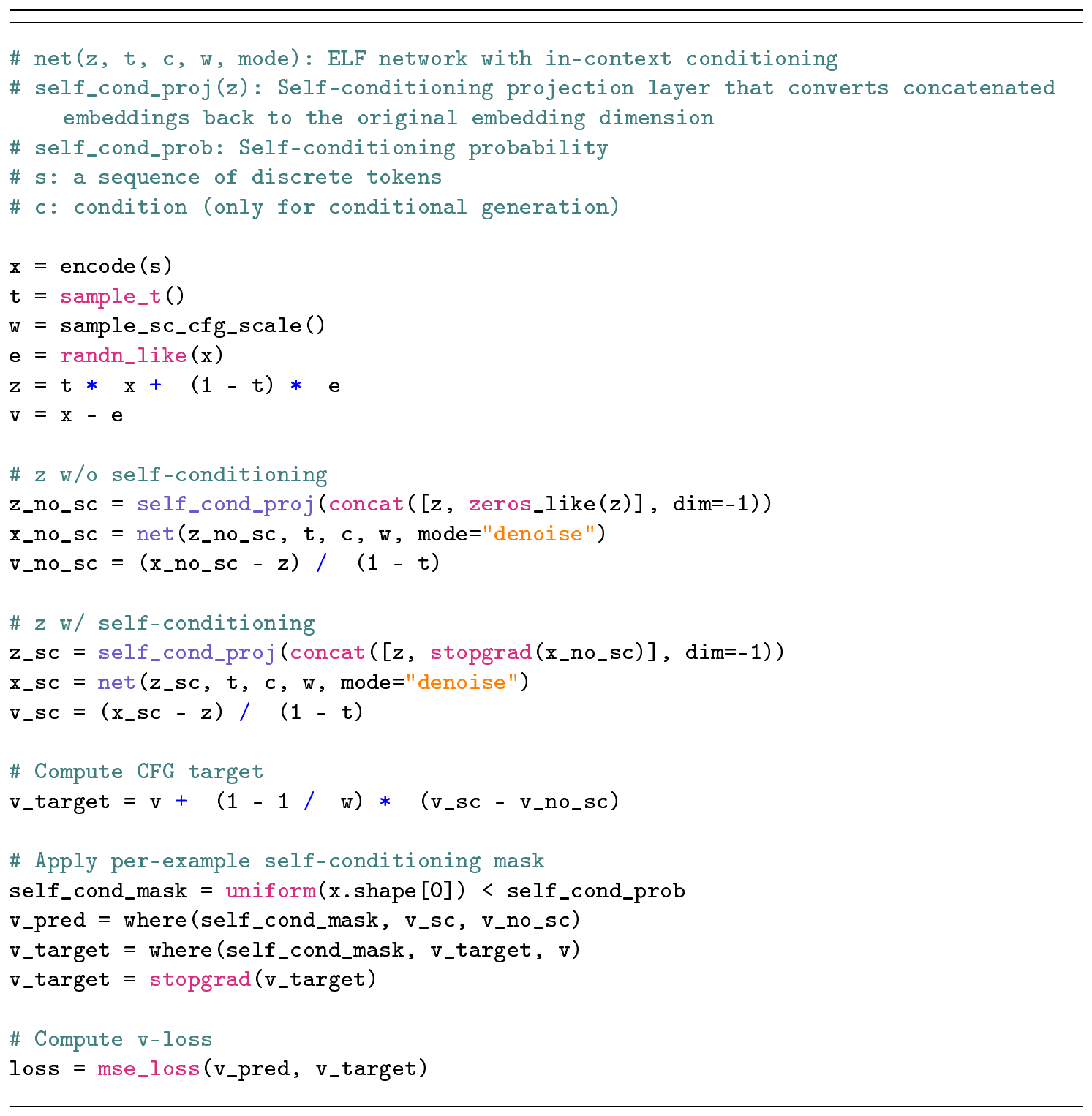 **Algorithm 1:** ELF denoiser training with conditioning and guidance.