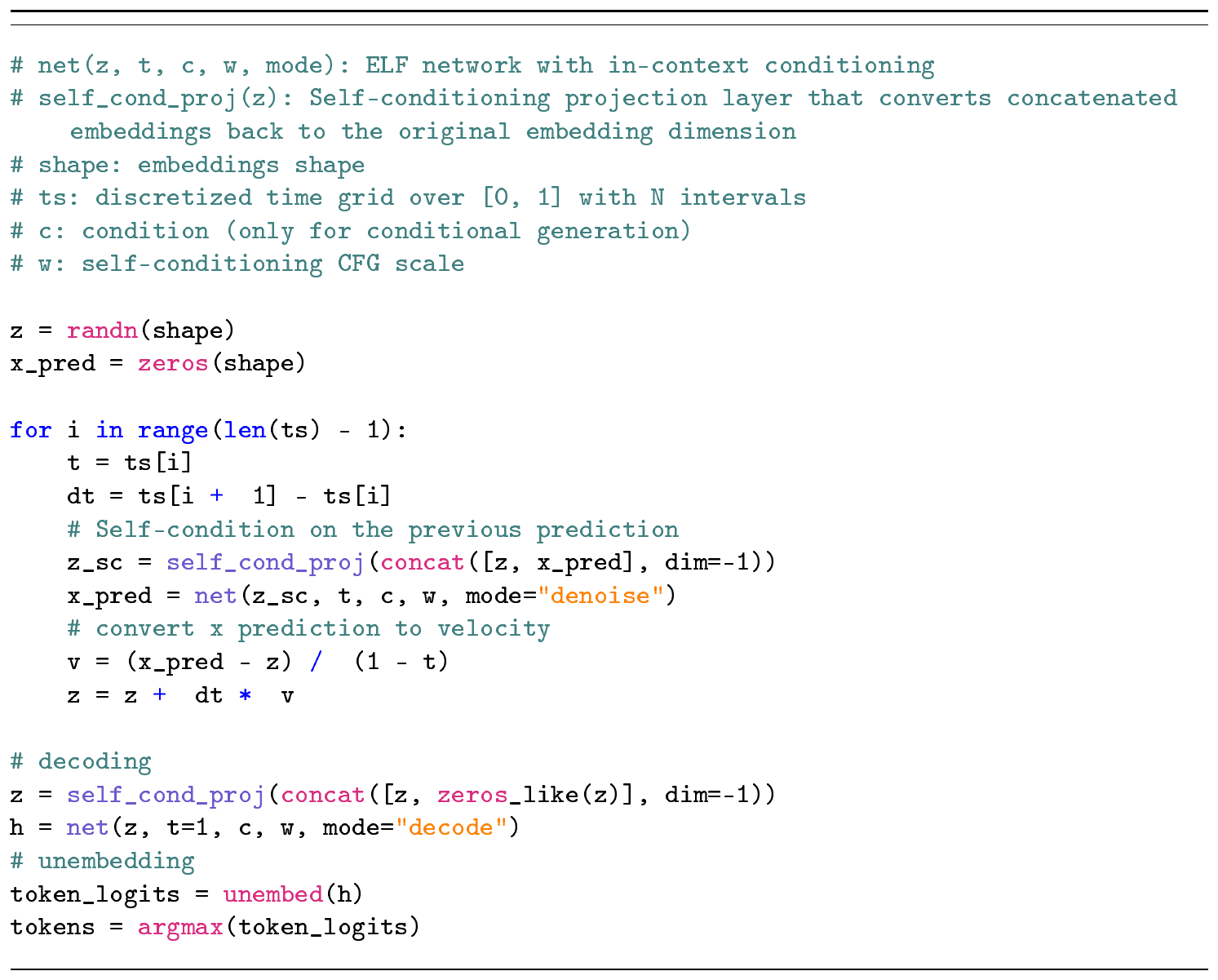 **Algorithm 3:** ELF inference with conditioning and guidance.