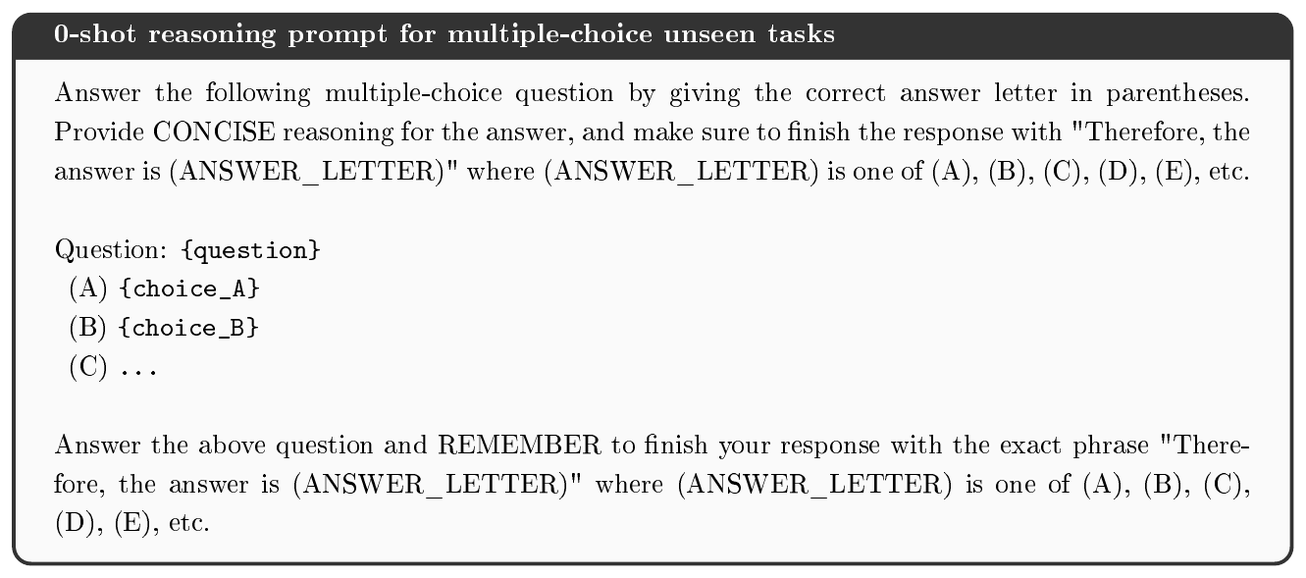 **Figure 42:** Prompt used (with minor modification in the list of possible answer choices) for unseen multiple-choice evaluation tasks AGIEval English, GPQA, MMLU-Pro.