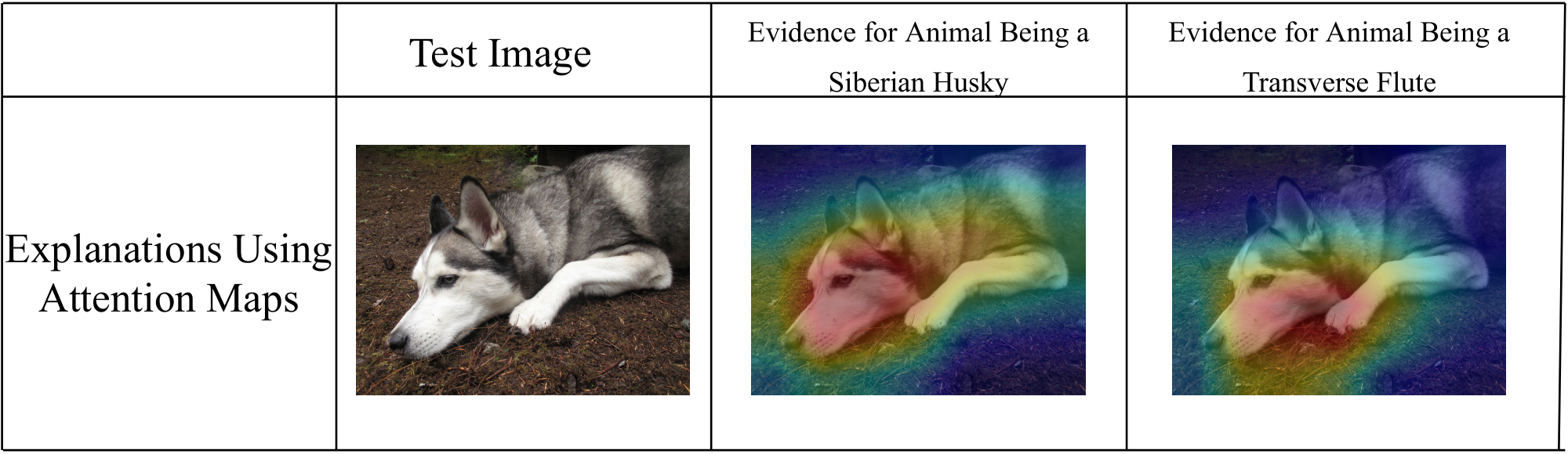**Figure 2:** Saliency does not explain anything except where the network is looking. We have no idea why this image is labeled as either a dog or a musical instrument when considering only saliency. The explanations look essentially the same for both classes. Figure credit: Chaofan Chen and [28].
