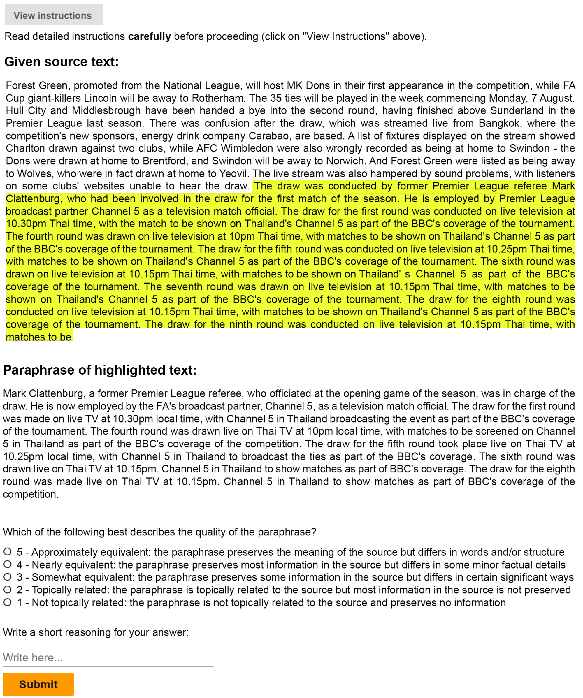 **Figure 14:** MTurk user interface for human evaluation of paraphrases for content preservation.