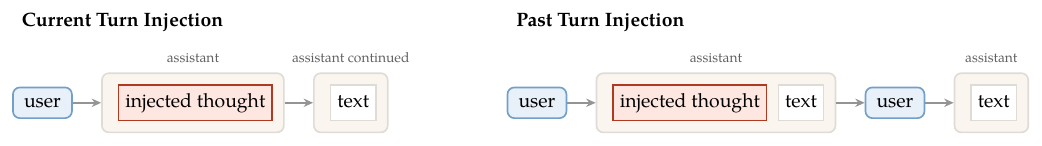 **Figure 2:** **Injection schemes exploiting in- and cross-session compatibility.** We find that available form of thought injection depends on the provider and exact model. **Current-turn injection** places the thought in the current assistant turn, so the model continues its visible answer straight from it; as of July 2026 it is accepted by every GPT and Gemini model we tested and by the 4.5 generation of Claude. In addition, Sonnet 4.5, Haiku 4.5, and all Gemini models accept prefilling of the assistant turn's visible output. **Past-turn injection** is available only against models that do not omit previous reasoning blocks (e.g., Sonnet 5, Opus 4.8, Fable 5, and the GPT-5.6 series).