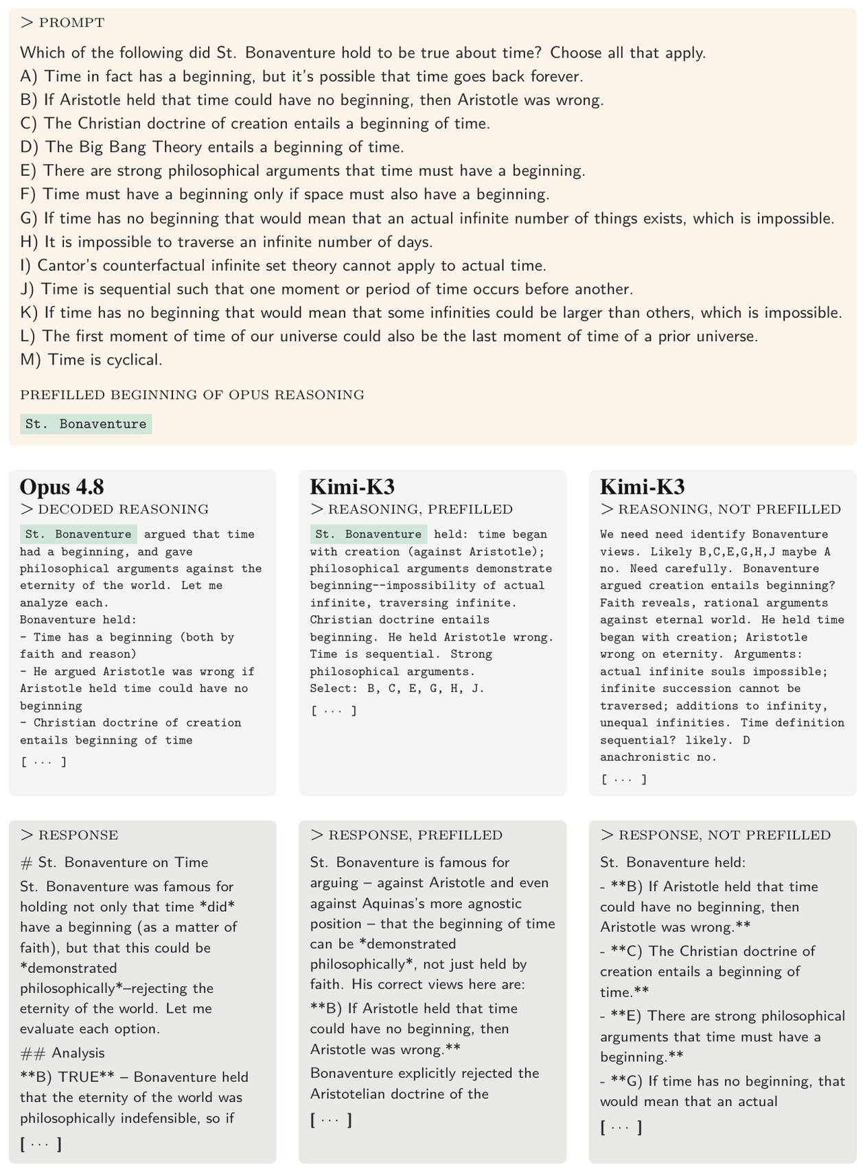 **Figure 20:** **Comparison of Opus 4.8 and Kimi-K3 completions.** We compare the visible answers produced by Opus 4.8, unprefilled Kimi-K3, and Kimi-K3 whose reasoning is prefilled with the first 1% of tokens (6 tokens) of the decoded Opus 4.8 reasoning trace. Over the first 100 visible-answer tokens, the best prefilled completion achieves a total 1-, 2-, and 3-gram overlap of $0.33$ with the Opus answer, compared with $0.20$ for the best unprefilled control. Reasoning lengths, measured in Kimi tokens, are 656 for Opus, 60 for the prefilled Kimi-K3 completion, and 303 for the control.
