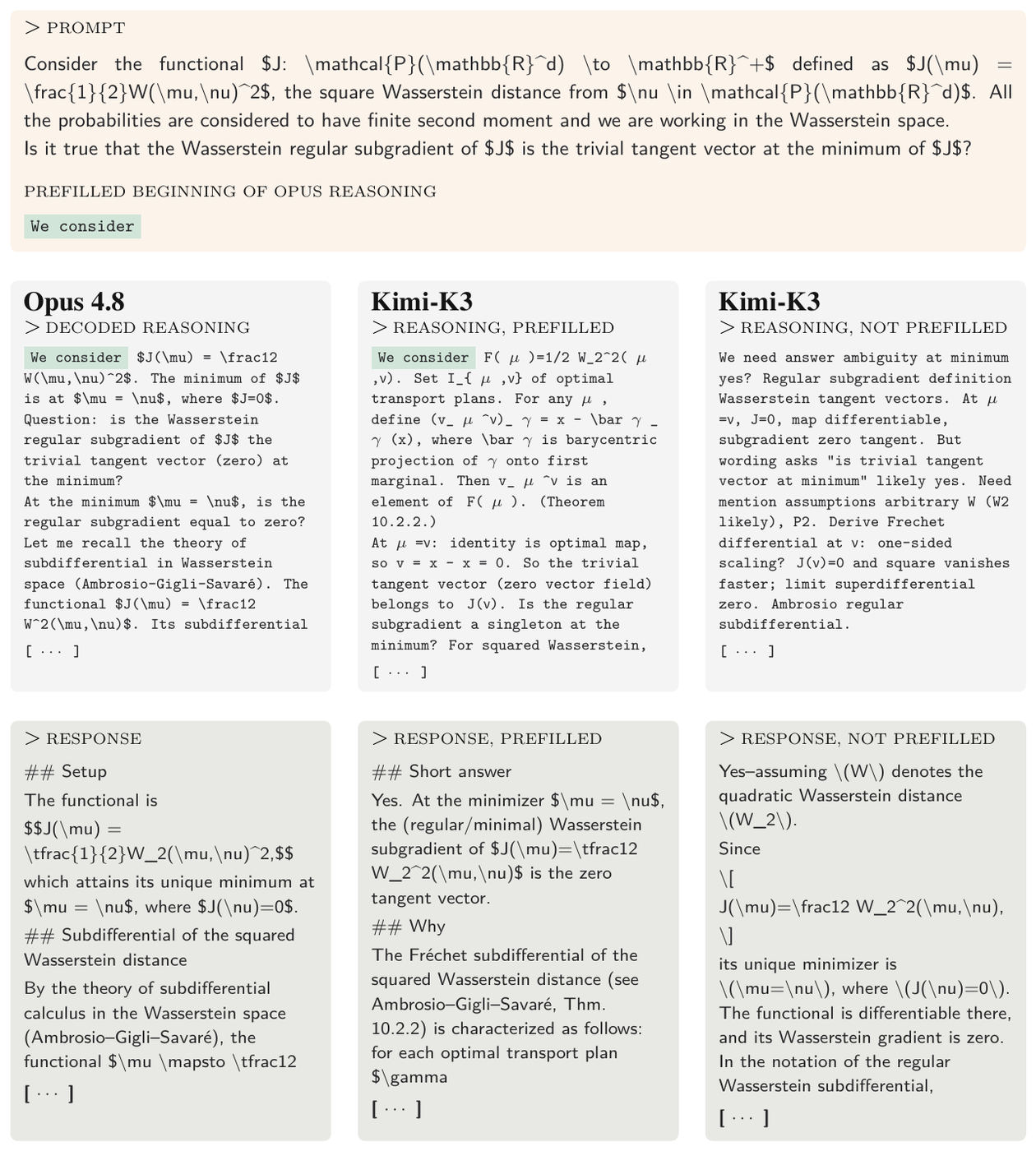 **Figure 17:** **Comparison of Opus 4.8 and Kimi-K3 completions.** We compare the visible answers produced by Opus 4.8, unprefilled Kimi-K3, and Kimi-K3 whose reasoning is prefilled with the first 1% of tokens (2 tokens) of the decoded Opus 4.8 reasoning trace. Over the first 100 visible-answer tokens, the best prefilled completion achieves a total 1-, 2-, and 3-gram overlap of $0.37$ with the Opus answer, compared with $0.21$ for the best unprefilled control. Reasoning lengths, measured in Kimi tokens, are 507 for Opus, 331 for the prefilled Kimi-K3 completion, and 327 for the control.