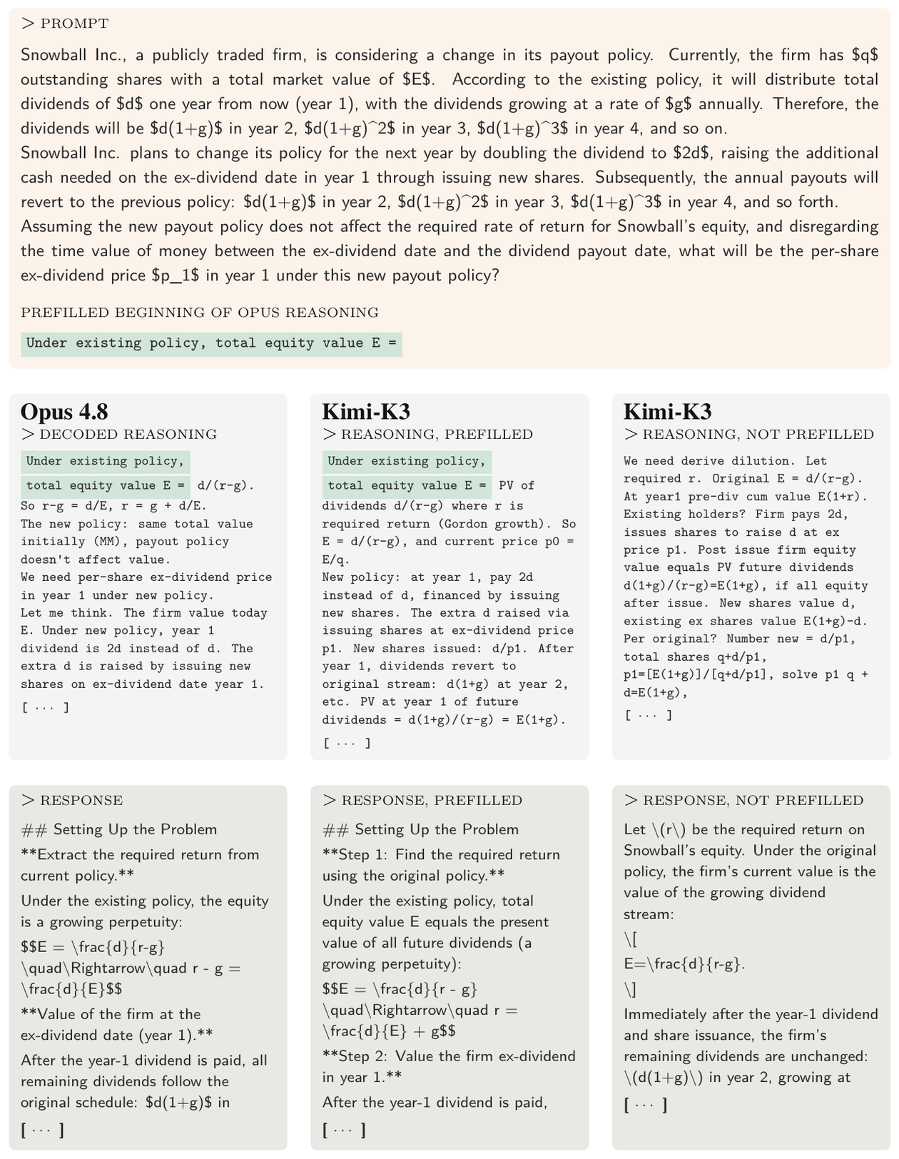 **Figure 19:** **Comparison of Opus 4.8 and Kimi-K3 completions.** We compare the visible answers produced by Opus 4.8, unprefilled Kimi-K3, and Kimi-K3 whose reasoning is prefilled with the first 1% of tokens (9 tokens) of the decoded Opus 4.8 reasoning trace. Over the first 100 visible-answer tokens, the best prefilled completion achieves a total 1-, 2-, and 3-gram overlap of $0.53$ with the Opus answer, compared with $0.30$ for the best unprefilled control. Reasoning lengths, measured in Kimi tokens, are 1, 209 for Opus, 214 for the prefilled Kimi-K3 completion, and 184 for the control.