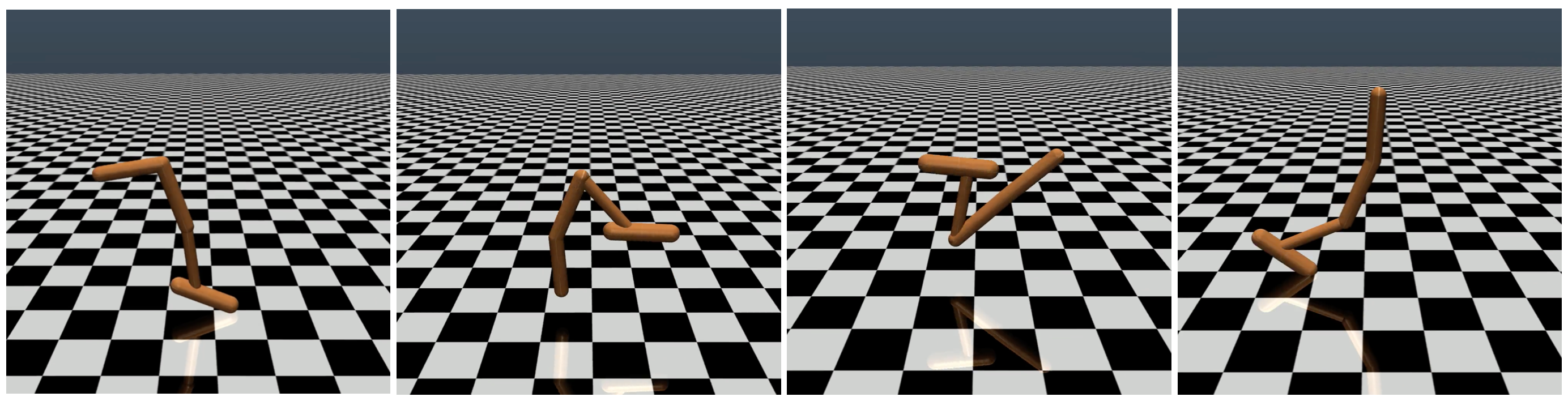 **Figure 4:** Four frames from a single backflip. The agent is trained to perform a sequence of backflips, landing upright each time. The video is available at [this link](https://drive.google.com/drive/folders/0BwcFziBYuA8RM2NTdllSNVNTWTg?resourcekey=0-w4PuSuFvi3odgQXdBDPQ0g&usp=sharing).