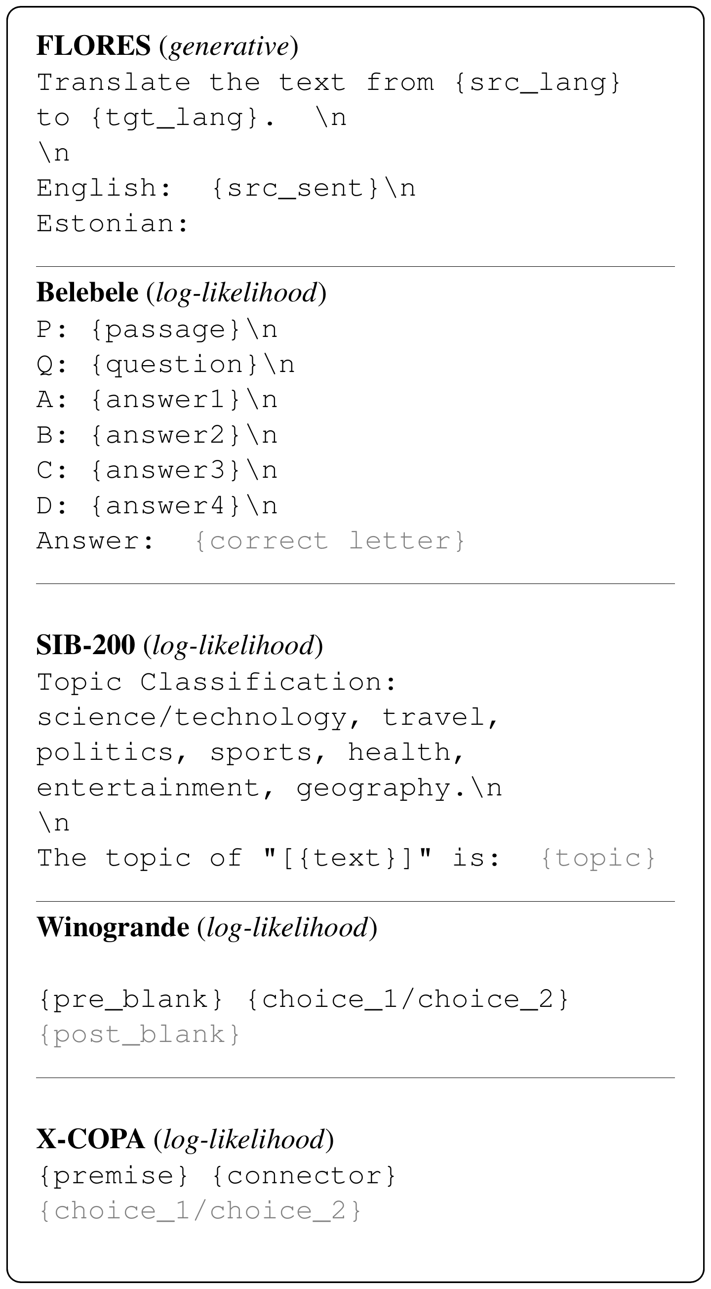 **Figure 10:** Prompts used for evaluation with `lm-eval-harness` [43].