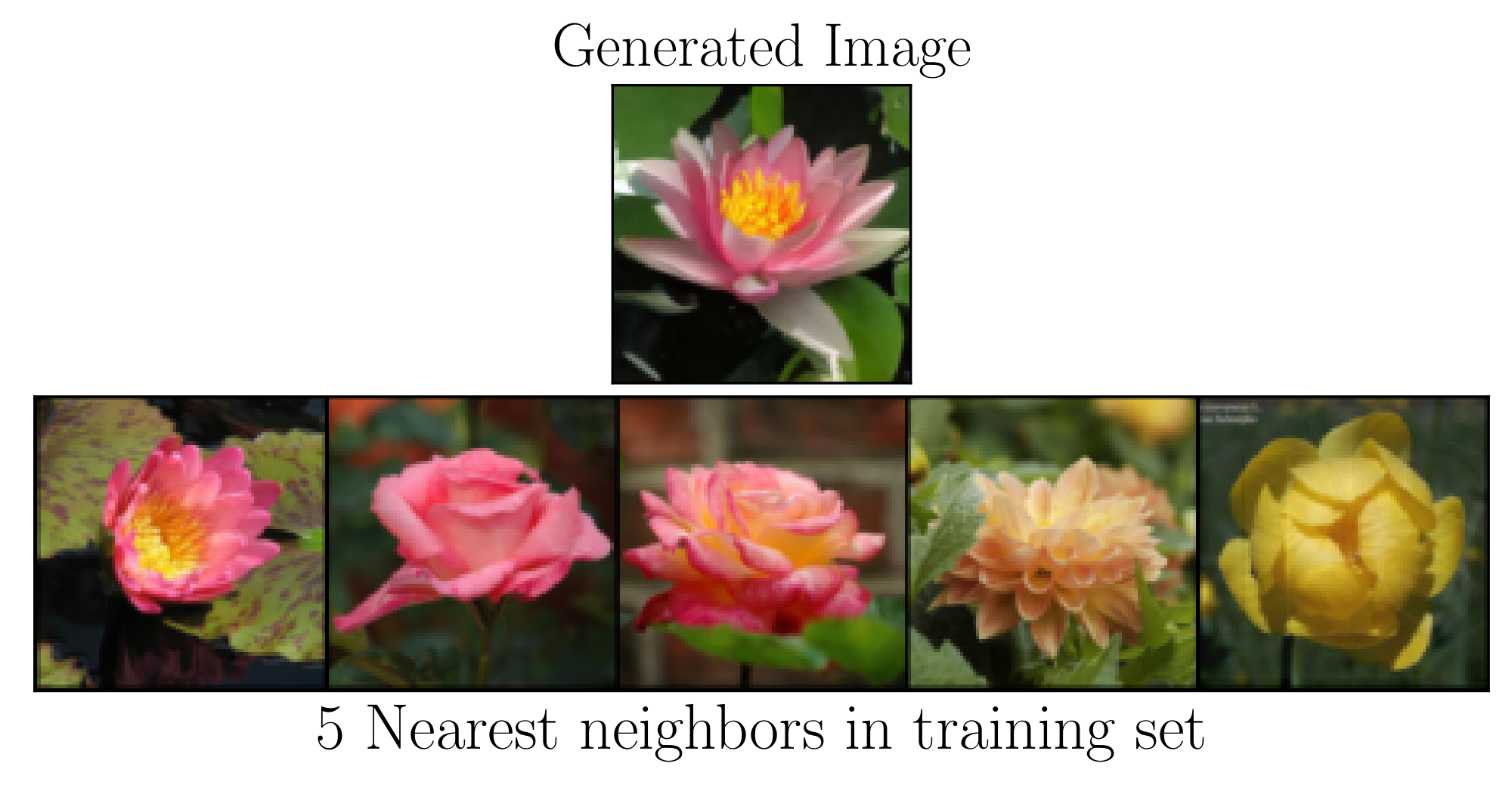 **Figure 14:** **No memorization.** Top: An example generated image from a trained linear one-sided interpolant. Bottom: Five nearest neighbors (in $\ell_1$ norm) to the generated image in the dataset. The nearest neighbors are visually distinct, highlighting that the interpolant does not overfit on the dataset.