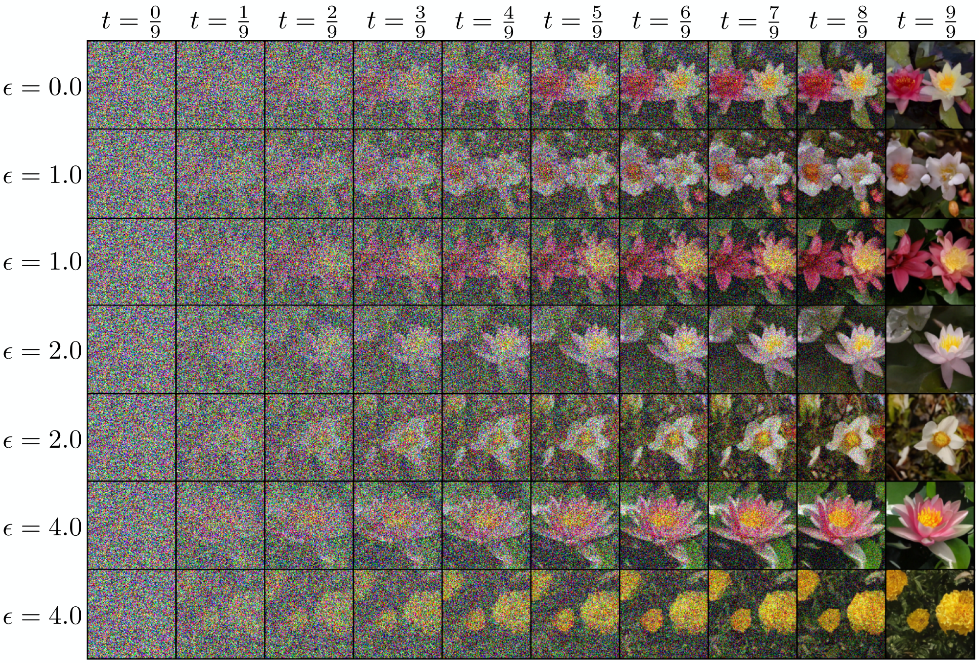 **Figure 13:** **Image generation: Oxford flowers.** Example generated flowers from the same initial condition $x_0$ using either the ODE with $\epsilon = 0$ and learned $b$ or the SDE for various increasing values of $\epsilon$ with learned $b$ and $s$. For $\epsilon = 0$, sampling is done using the `dopri5` solver and therefore the number of steps is adaptive. Otherwise, $2000$, $2500$, and $4000$ steps were taken using the Heun solver for $\epsilon = 1.0$, $2.0$, and $4.0$ respectively.