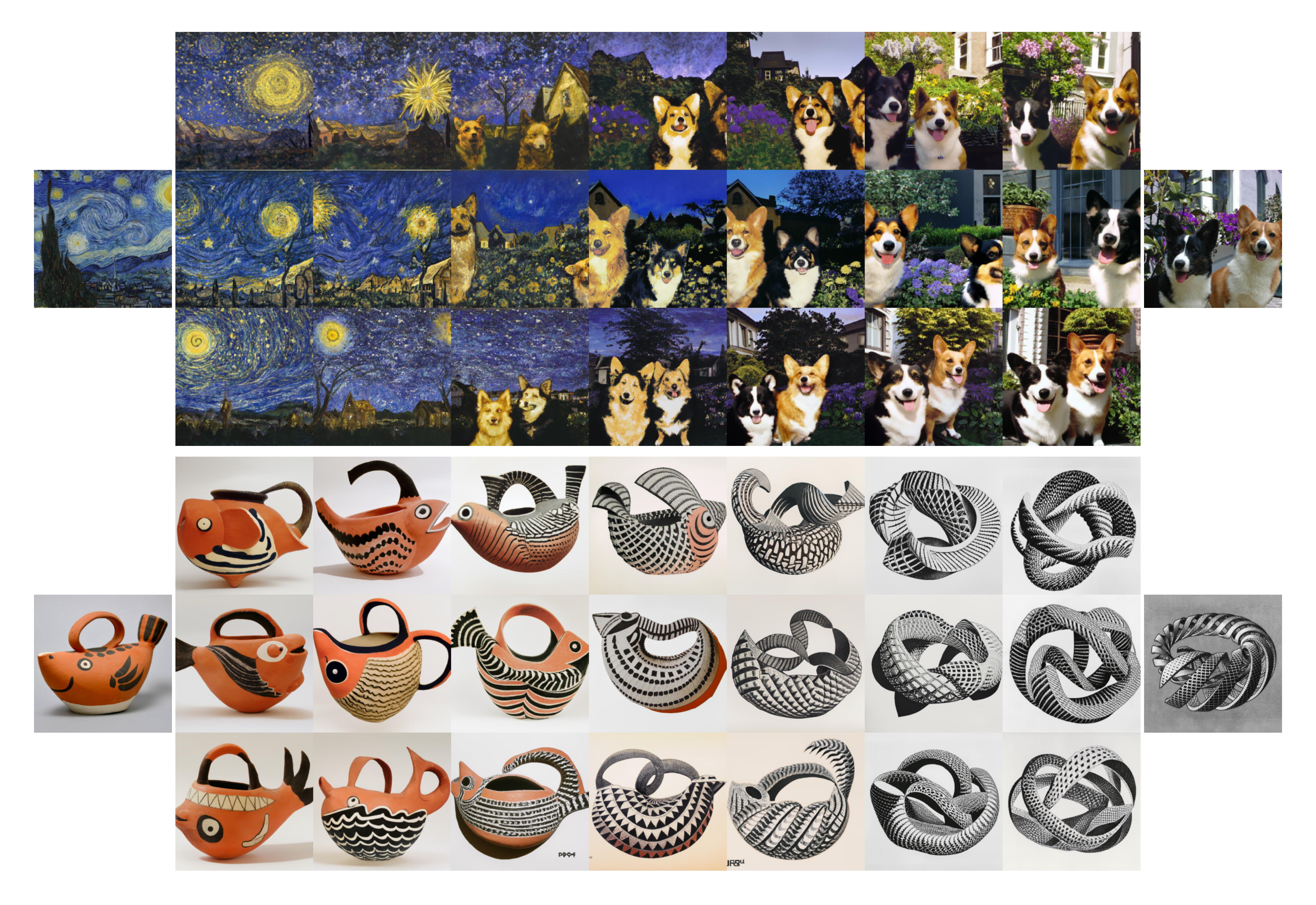 **Figure 4:** Variations between two images by interpolating their CLIP image embedding and then decoding with a diffusion model. We fix the decoder seed across each row. The intermediate variations naturally blend the content and style from both input images.